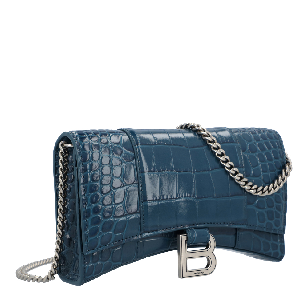 

Balenciaga Blue Croc Embossed Leather Calfskin Hourglass Chain Wallet