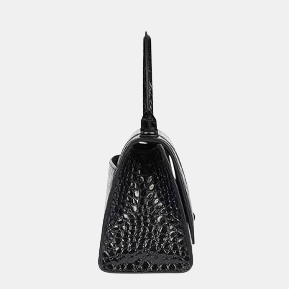 

Balenciaga Black Shiny Crocodile Embossed Leather Hourglass  Top Handle Bag