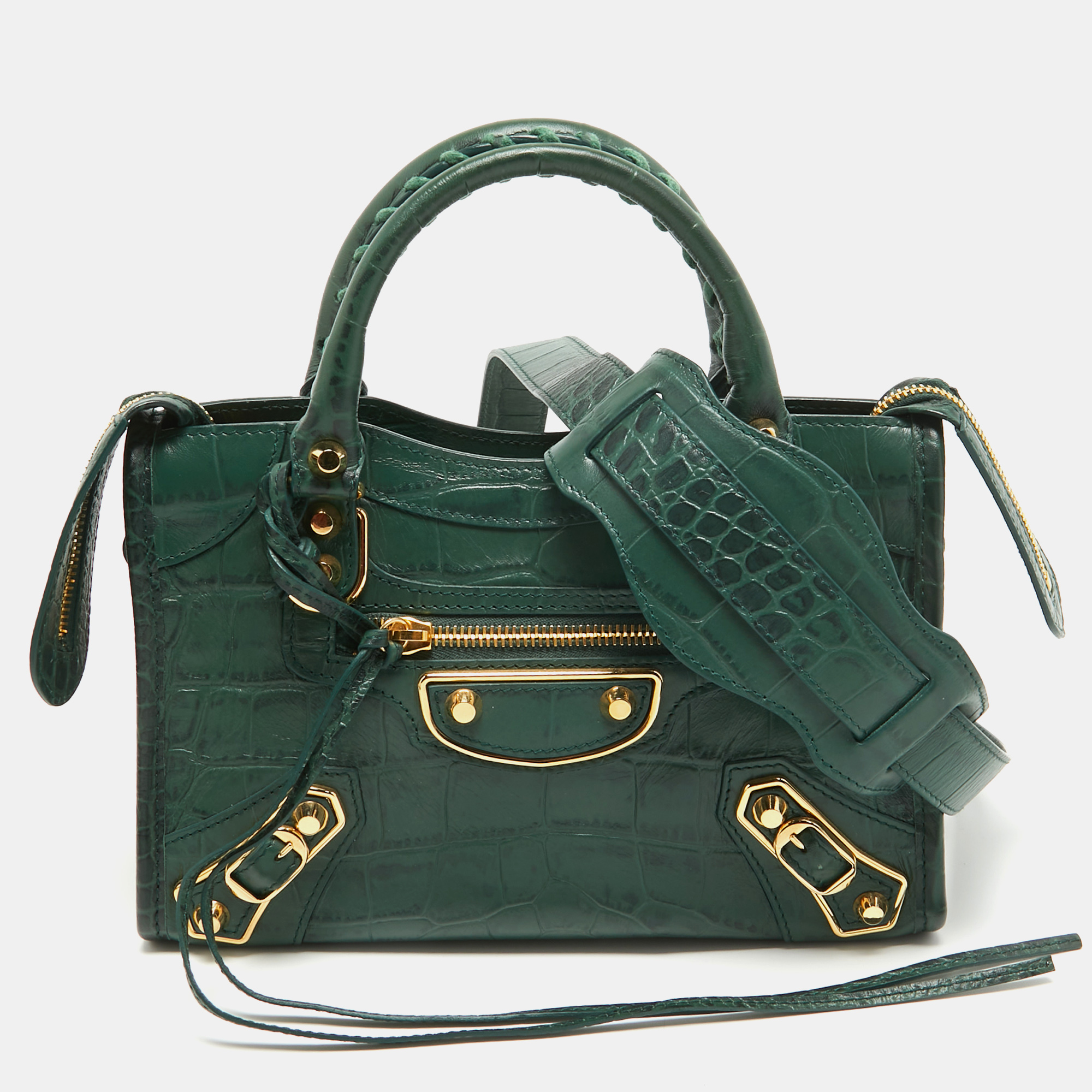  Balenciaga Green Croc Embossed Leather Mini Classic Metallic Edge City Bag