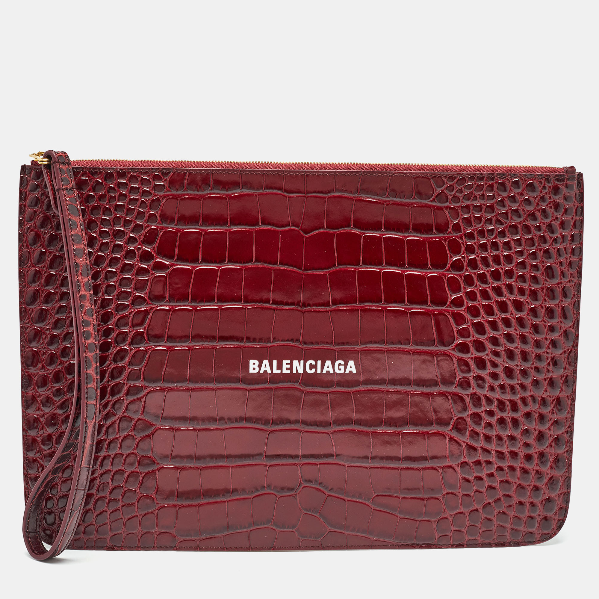 Pre-owned Balenciaga Red Croc Embossed Leather Flat Zip Pouch