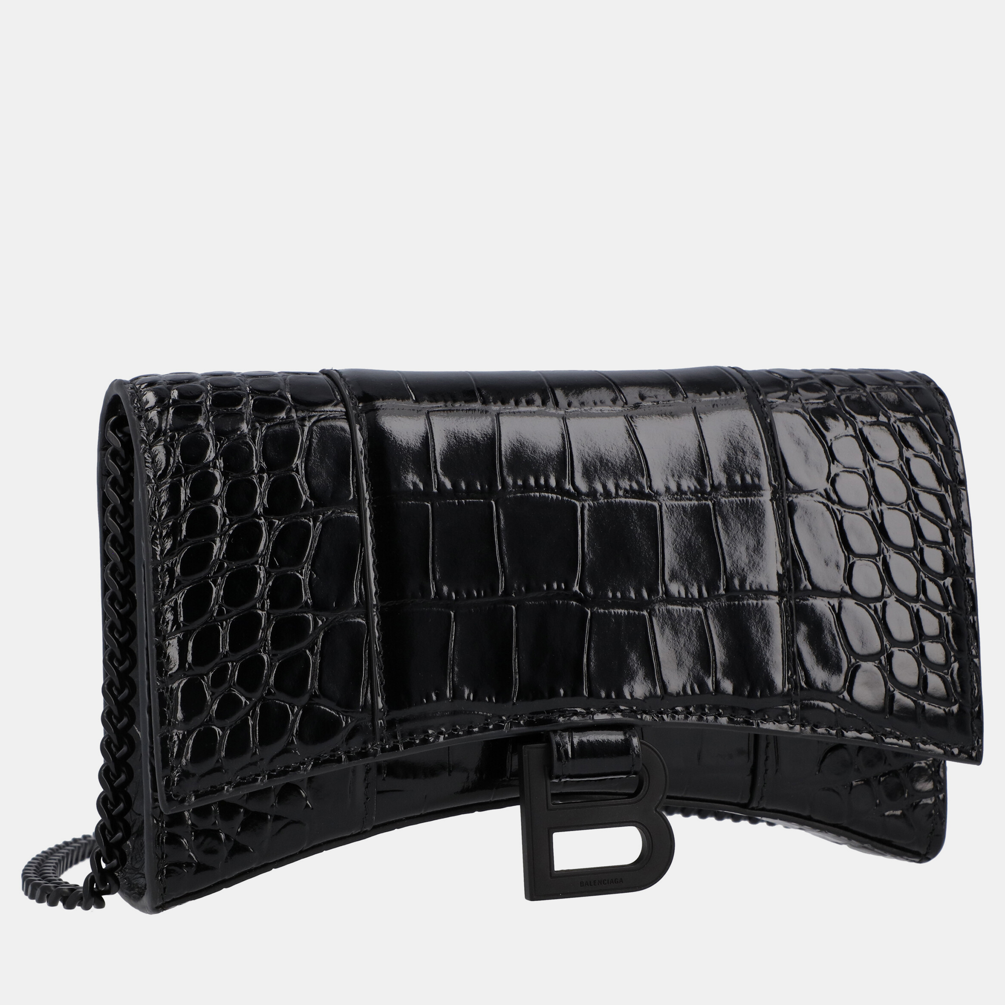 

Balenciaga Black Croc Embossed Leather Hourglass Wallet on Chain