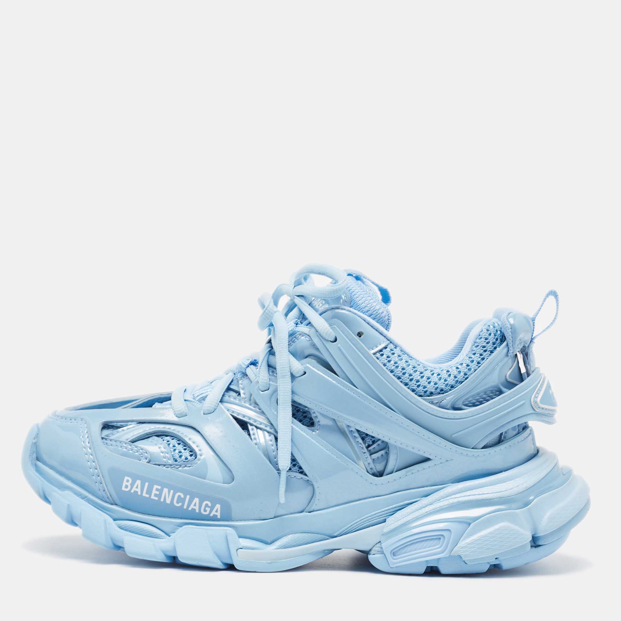 

Balenciaga Light Blue Faux Leather Mesh Track Sneakers Size