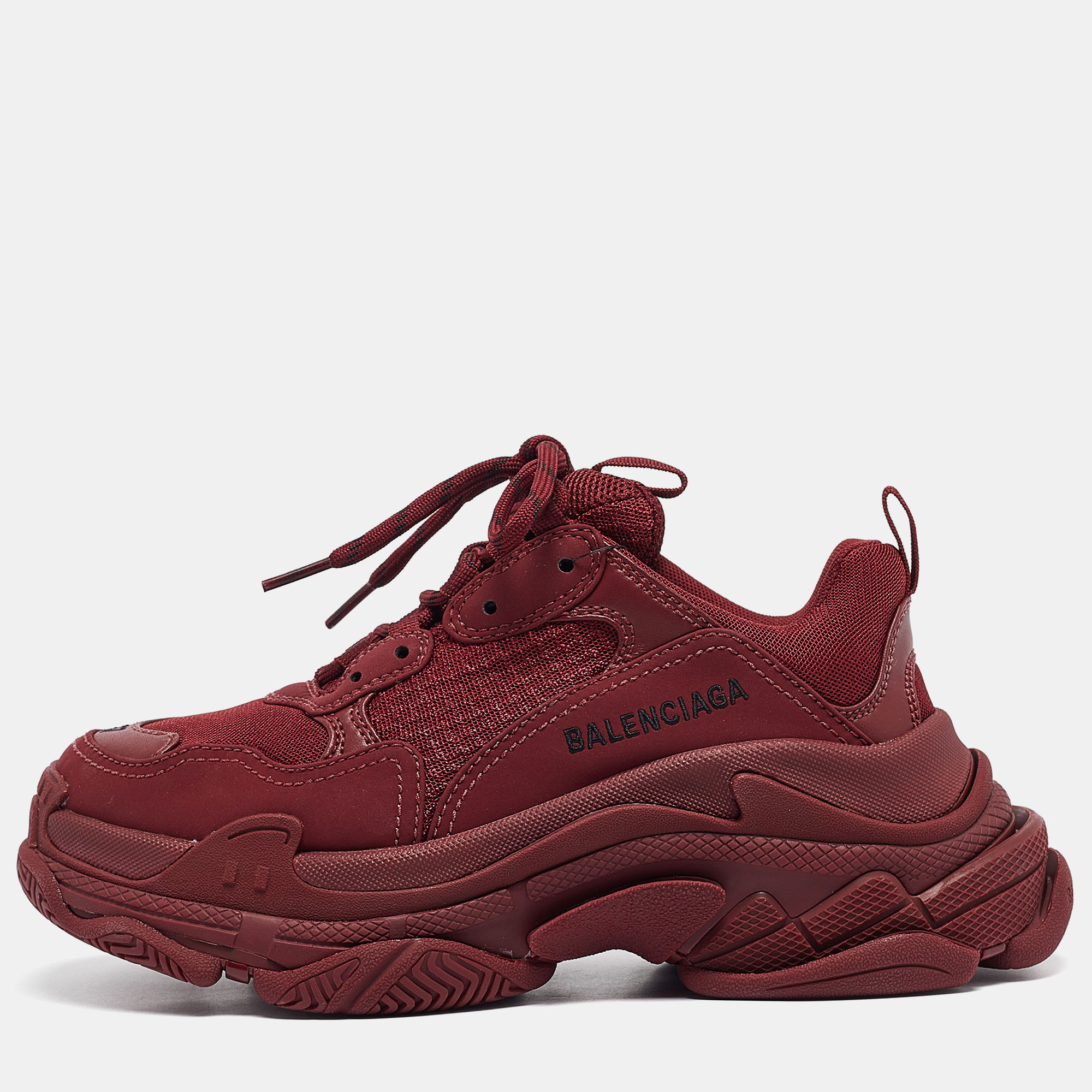 Pre-owned Balenciaga Burgundy Mesh And Nubuck Leather Triple S Lace Up Sneakers Size 37