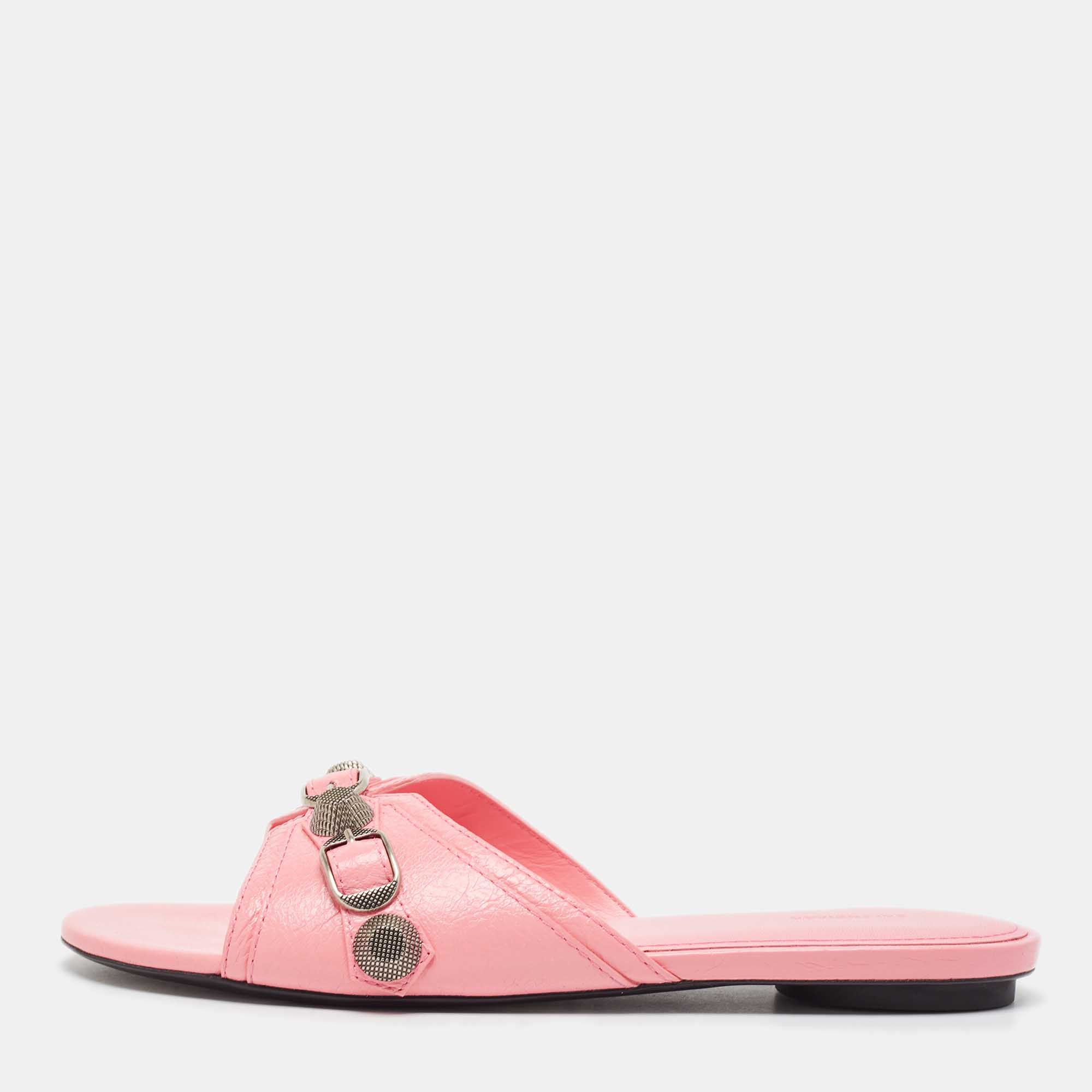 Pre-owned Balenciaga Pink Leather Le Cagole Flat Slides Size 38