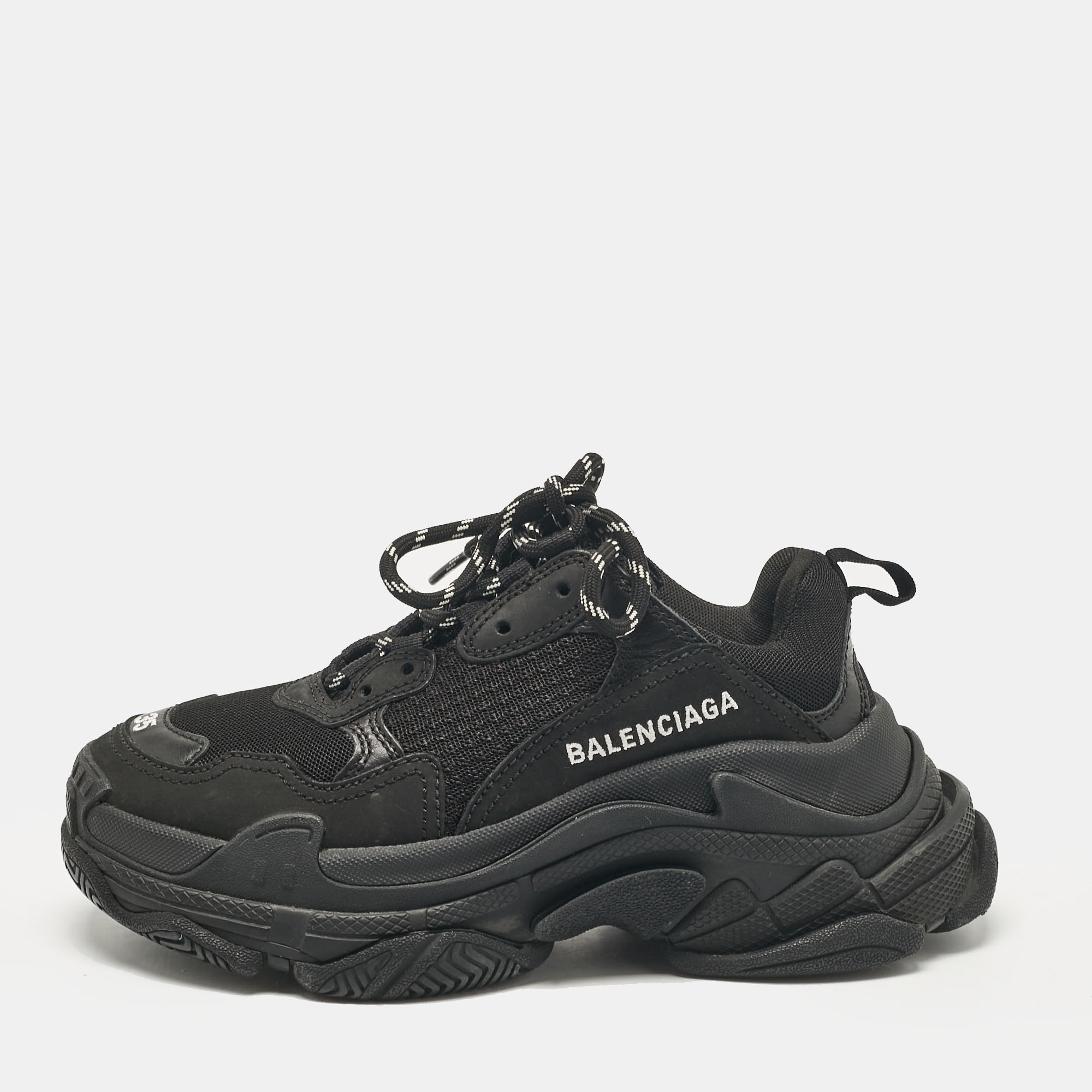 Pre-owned Balenciaga Black Mesh And Faux Leather Triple S Lace Up Sneakers Size 35