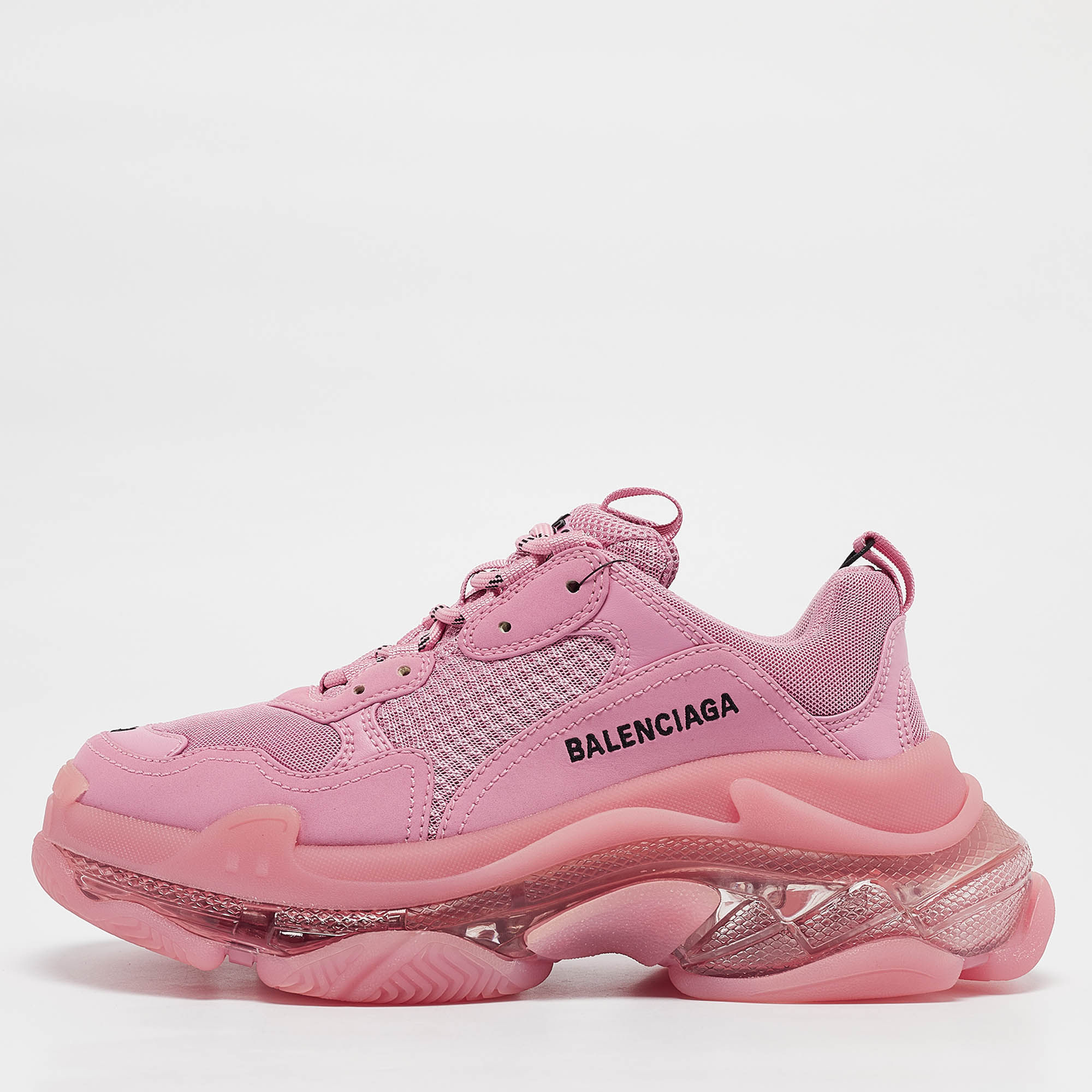 

Balenciaga Pink Faux Leather and Mesh Triple S Clear Sole Low Top Sneakers Size