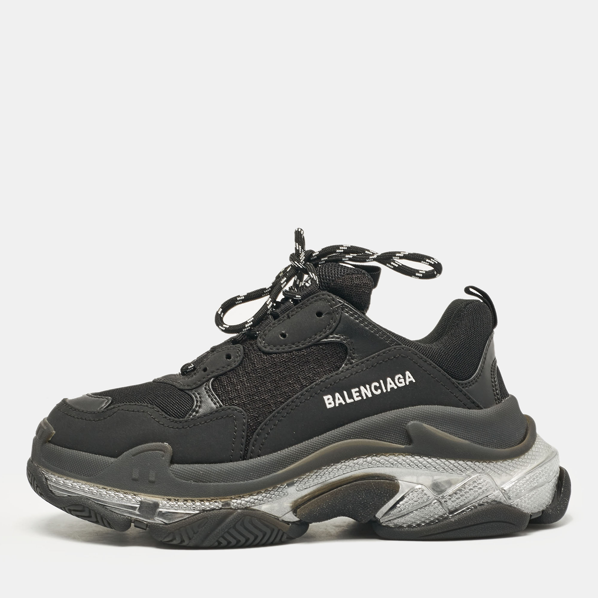 

Balenciaga Black Faux Leather and Mesh Triple S Clear Sole Sneakers Size