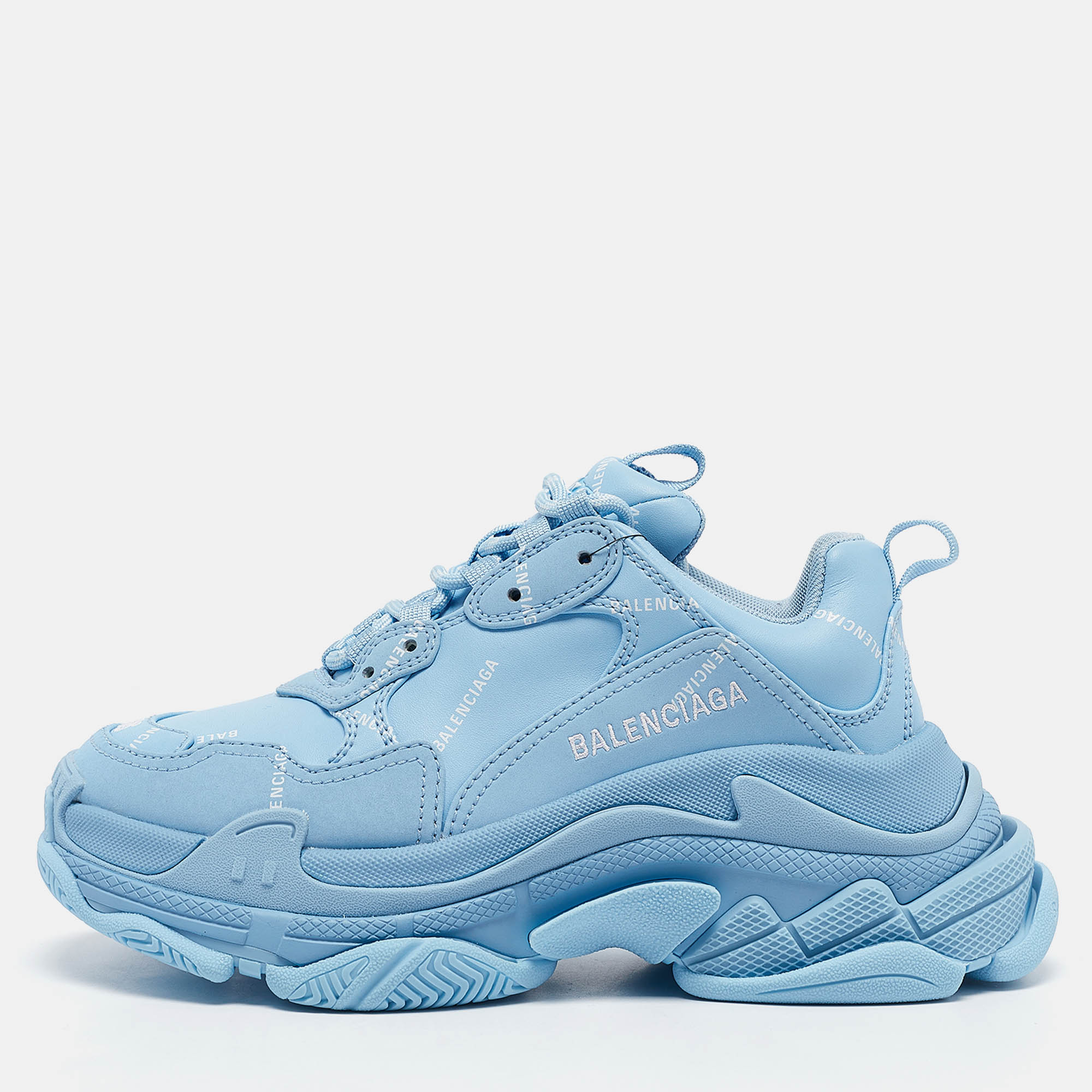 

Balenciaga Blue Faux Leather Allover Logo Triple S Sneakers Size