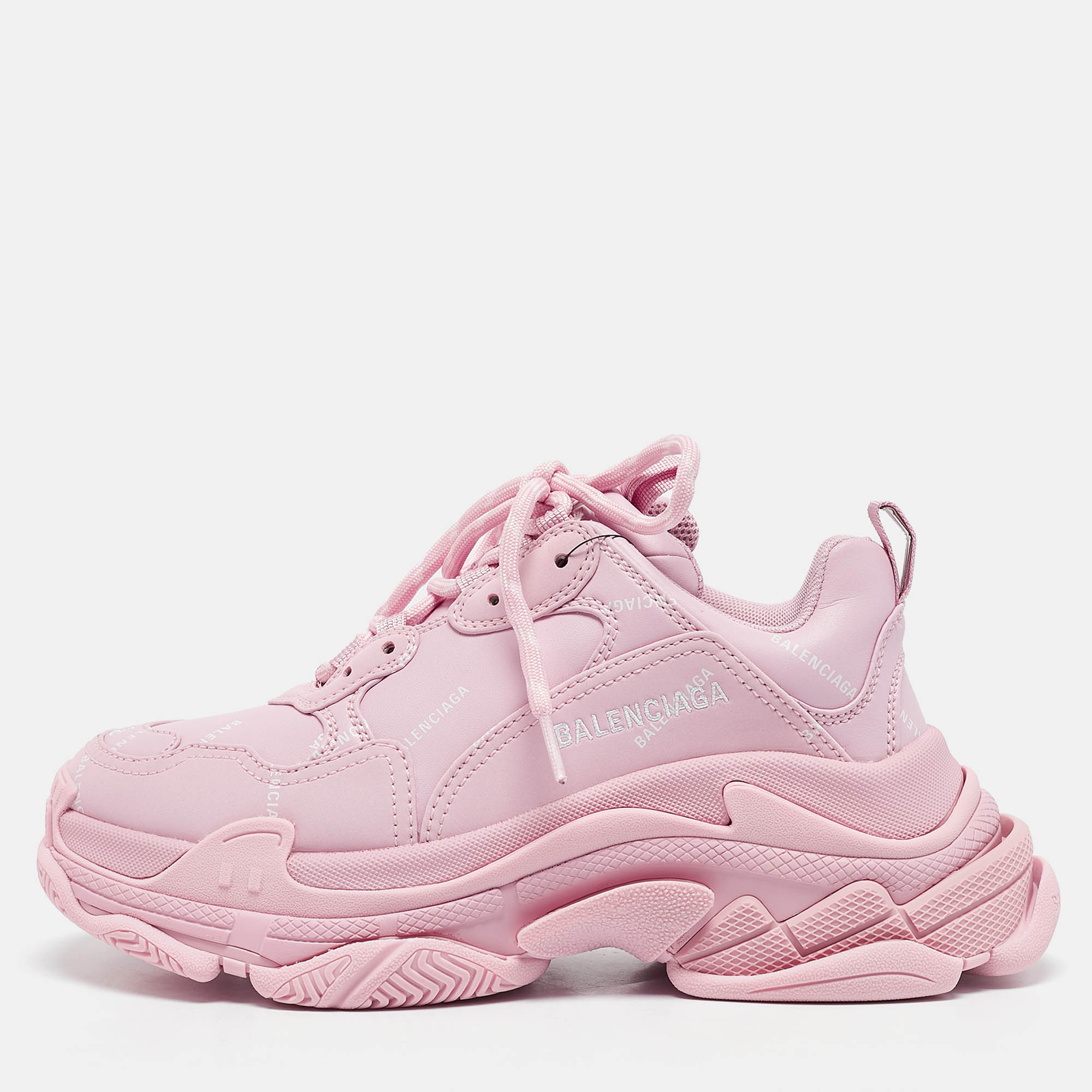 

Balenciaga Pink Leather 'All Over Logo' Triple S Sneakers Size