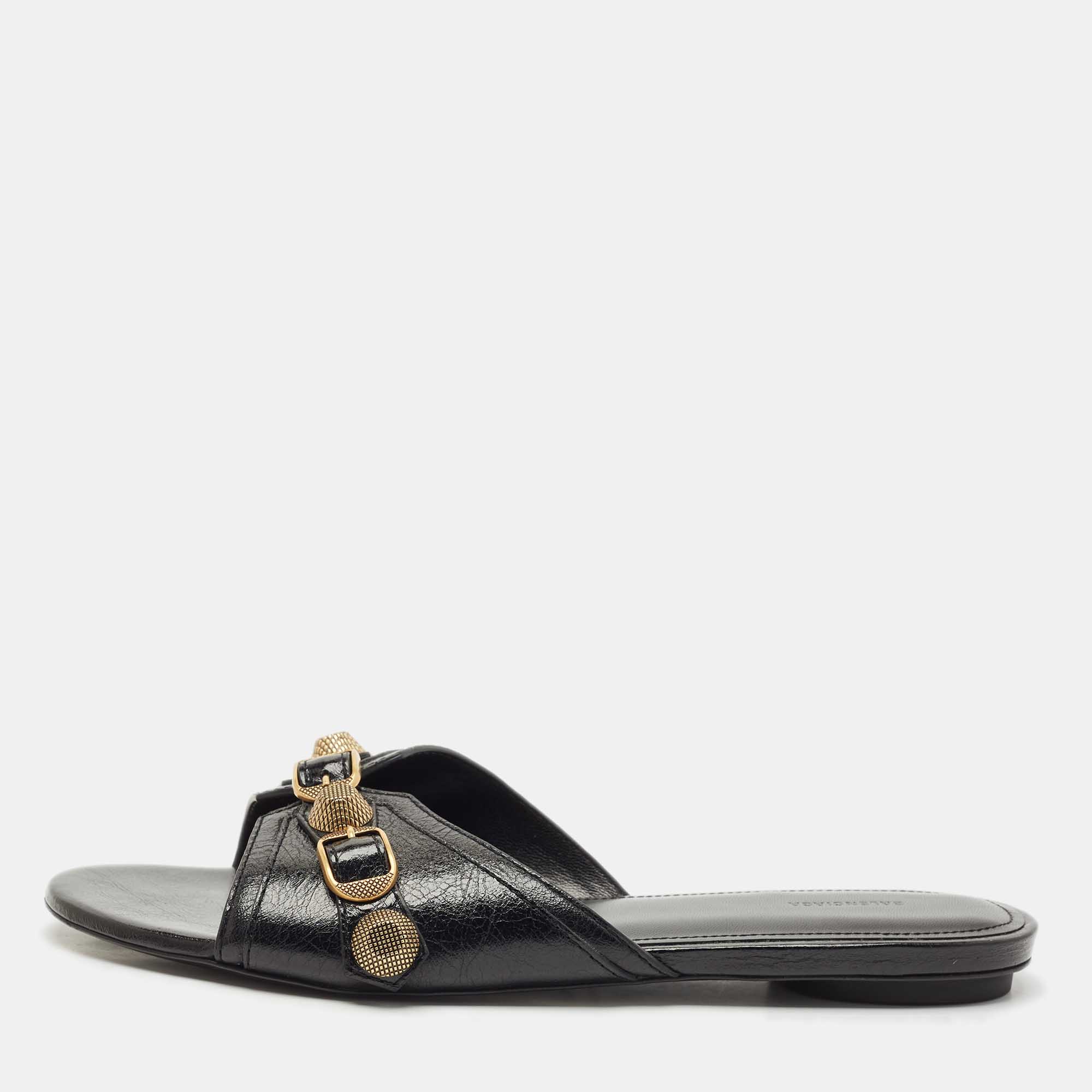 

Balenciaga Black Leather Studded Cagole Flat Slides Size
