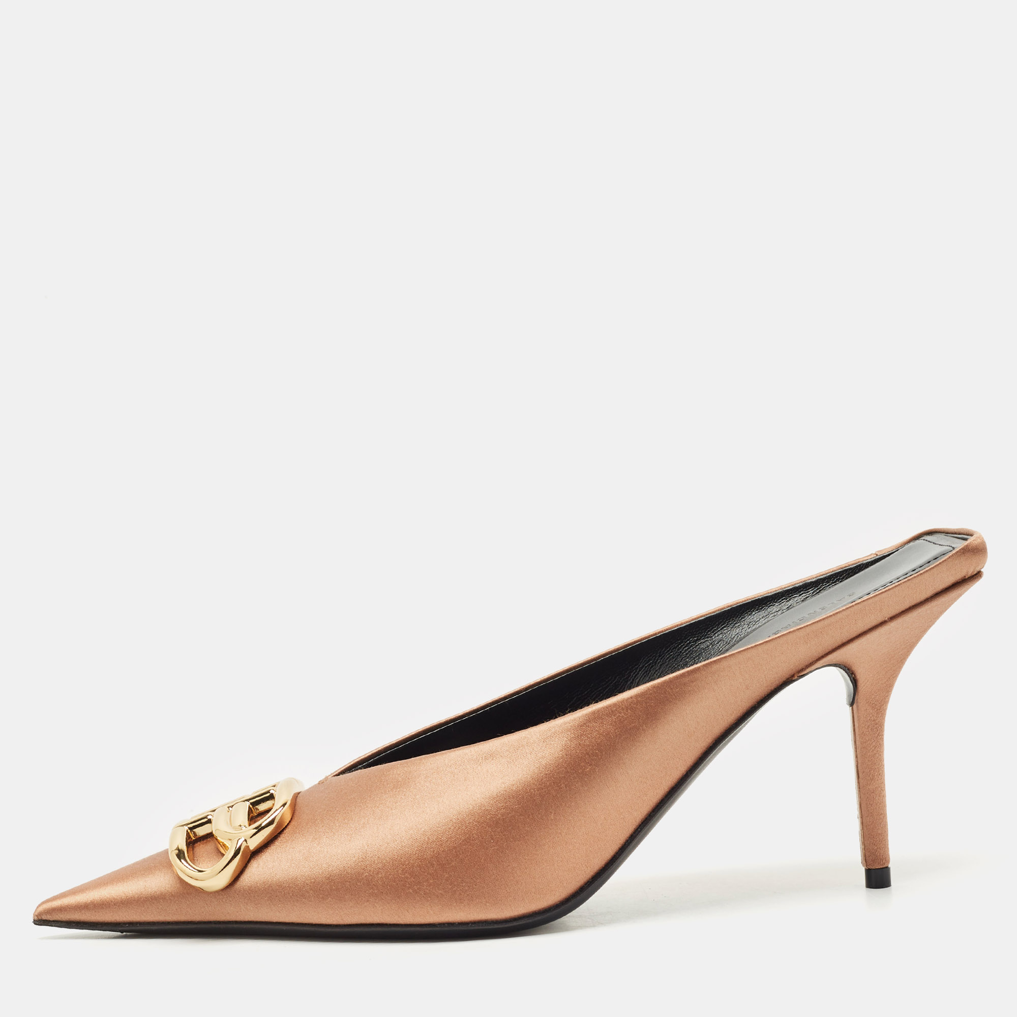 

Balenciaga Gold Satin BB Knife Pointed Toe Mules Size