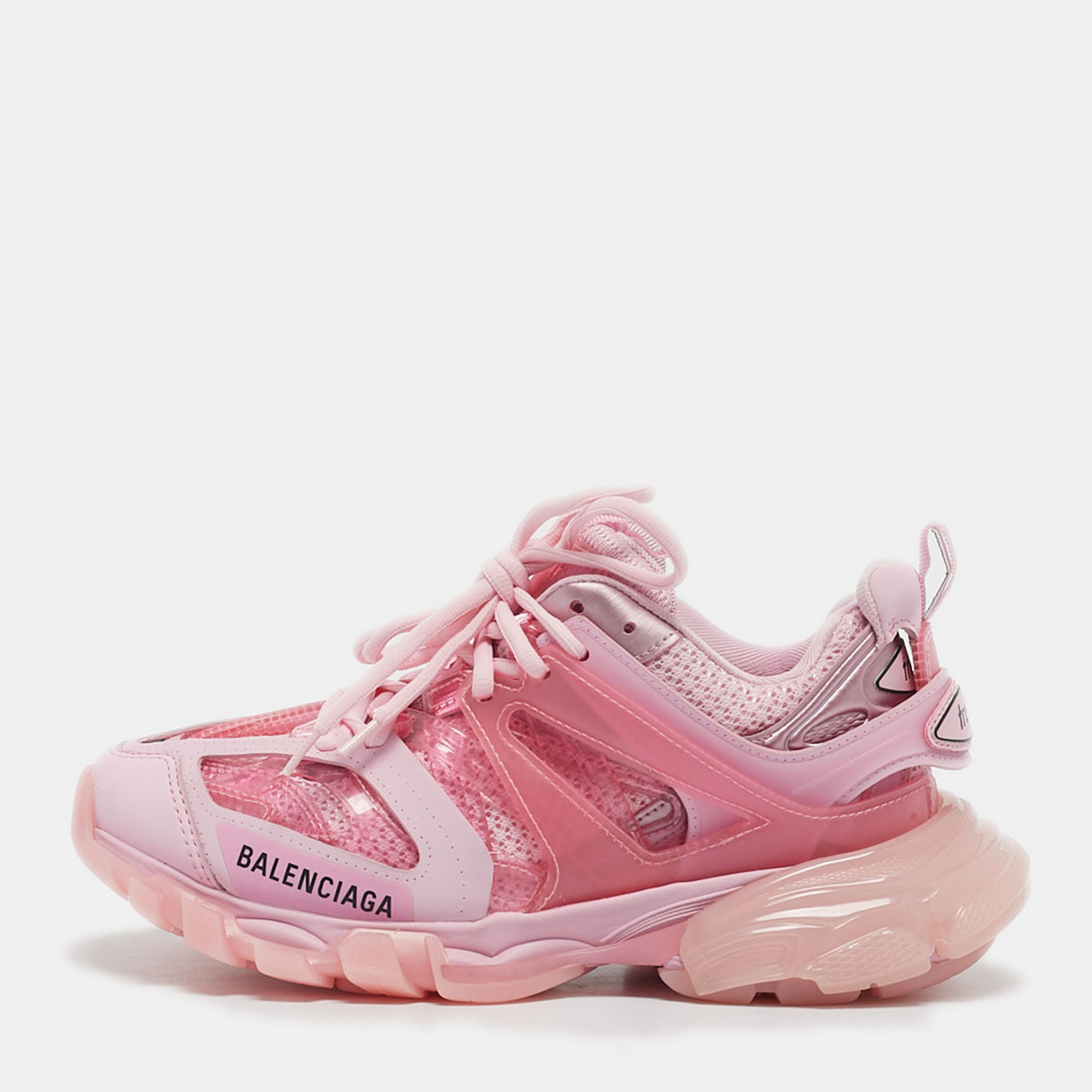 Pre-owned Balenciaga Pink Faux Leather And Mesh Track Sneakers Size 37