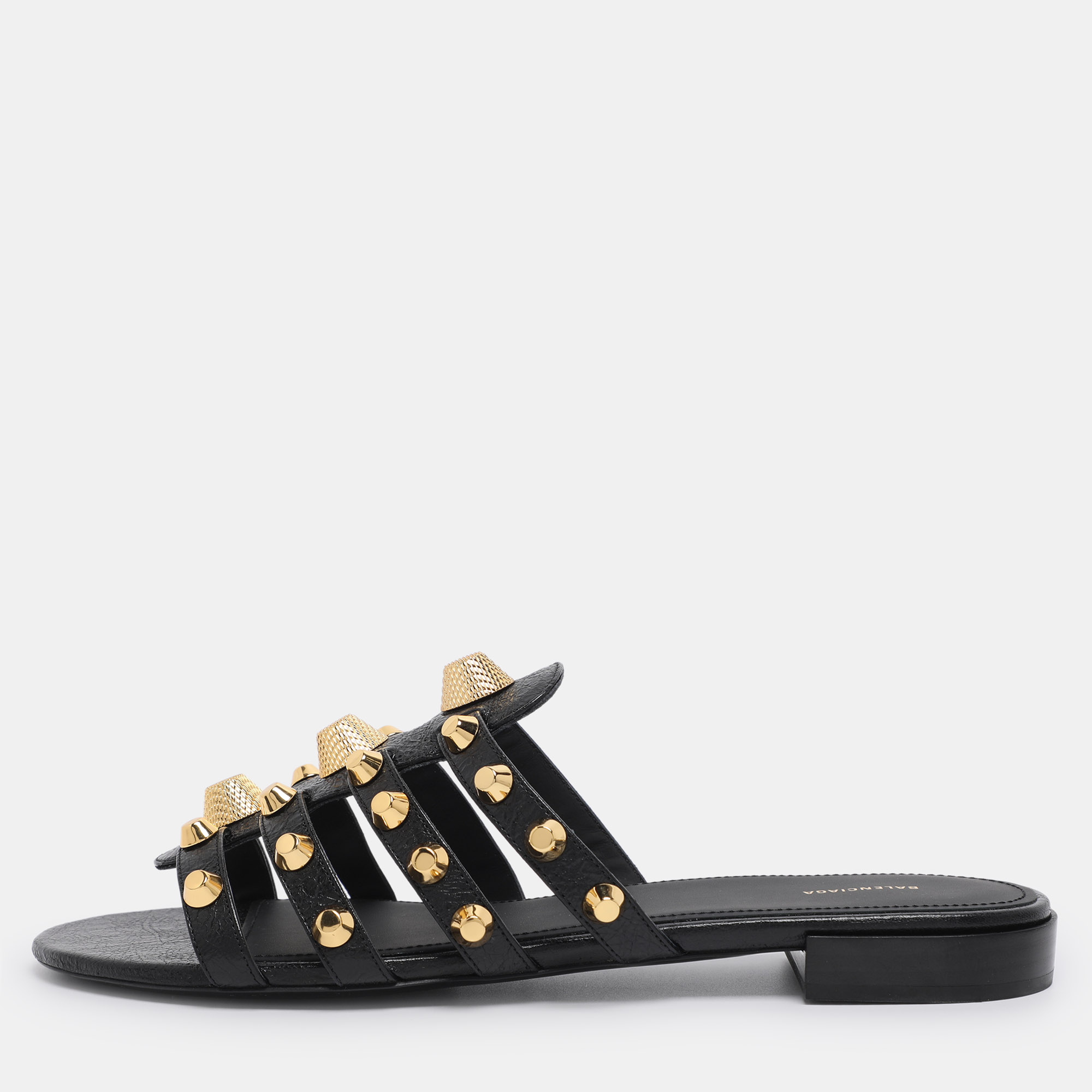 Pre-owned Balenciaga Black Leather Arena Studded Flat Sandals Size 41.5