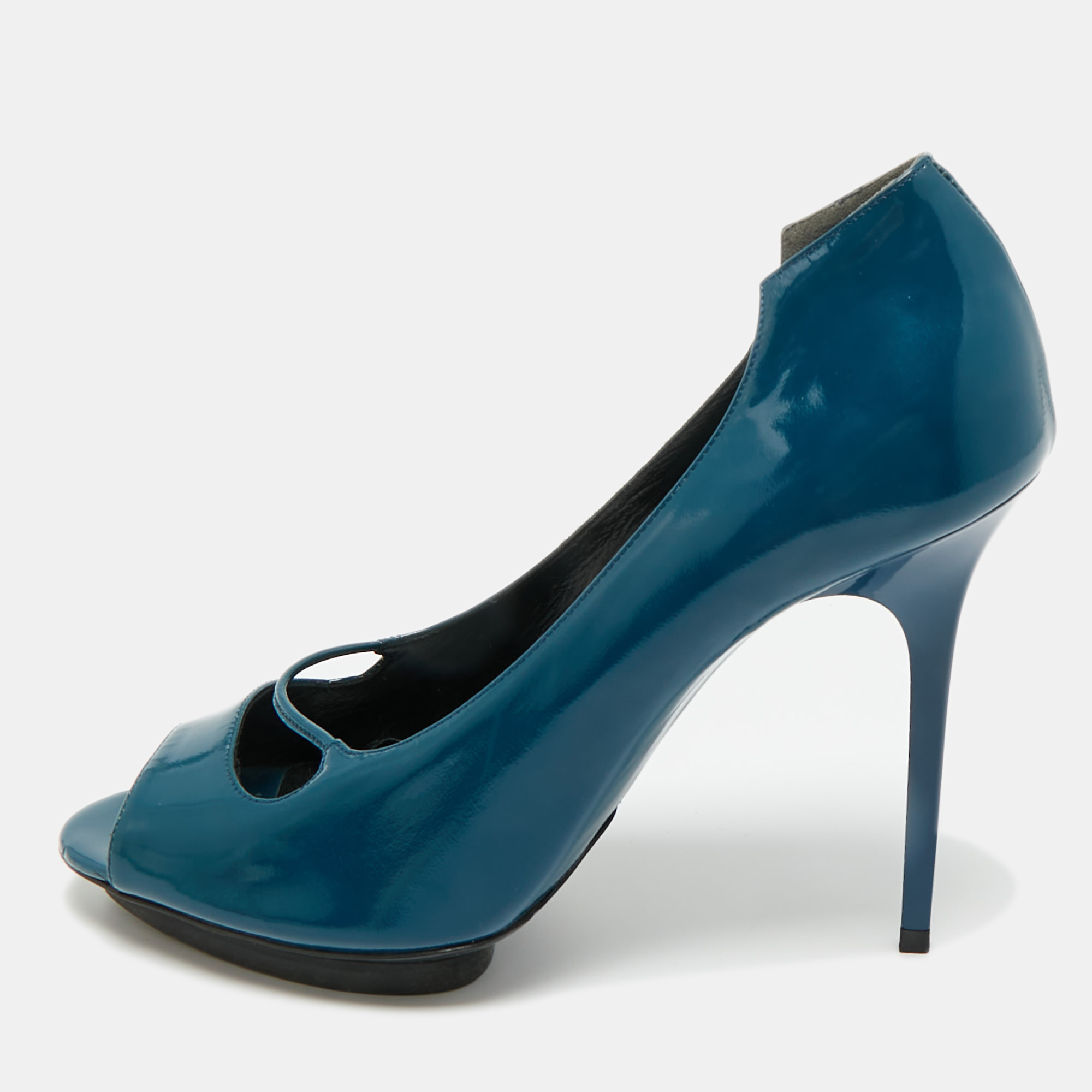 

Balenciaga Peacock Blue Patent Leather Platform Peep Toe Pumps Size, Navy blue
