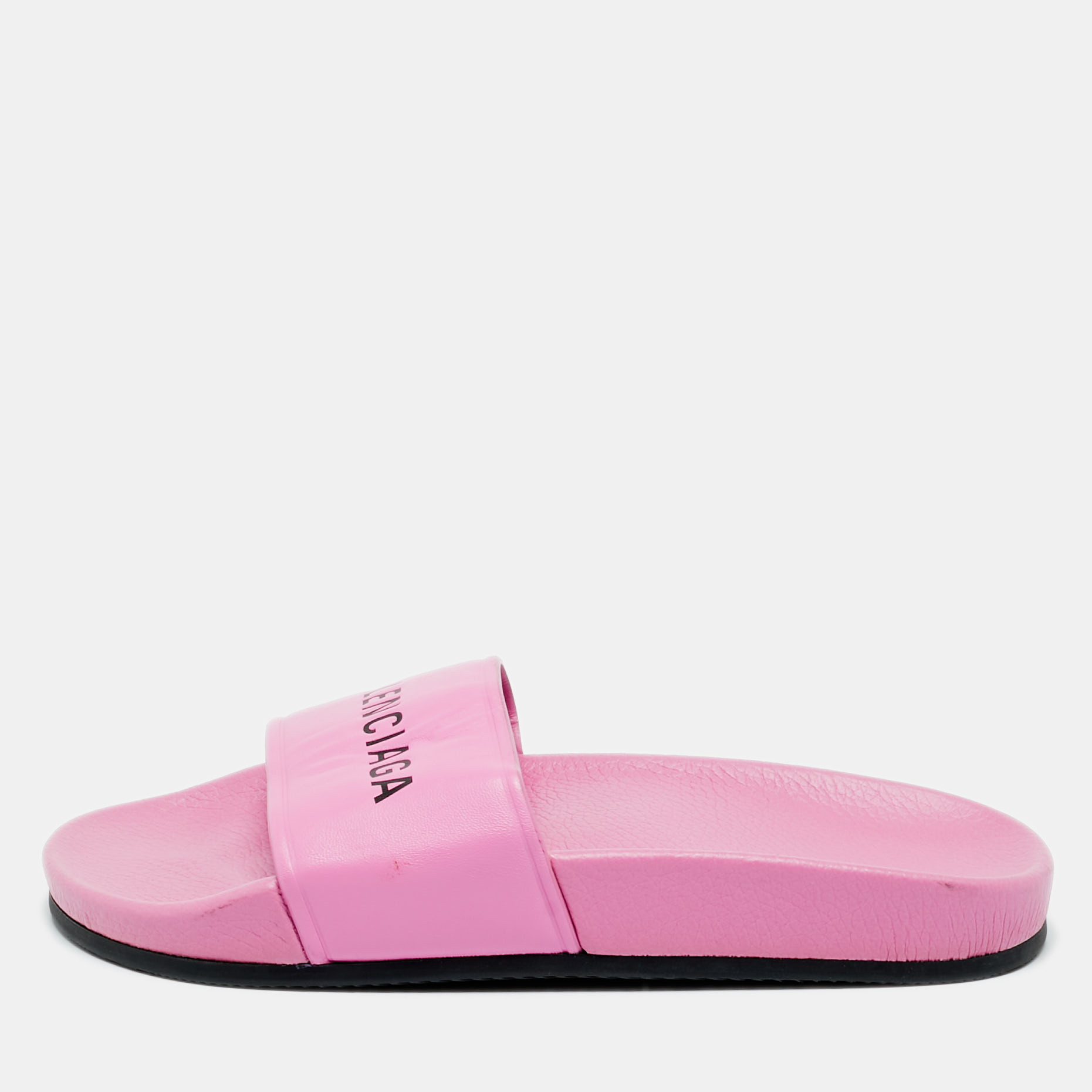 

Balenciaga Pink Leather Pool Flat Slides Size