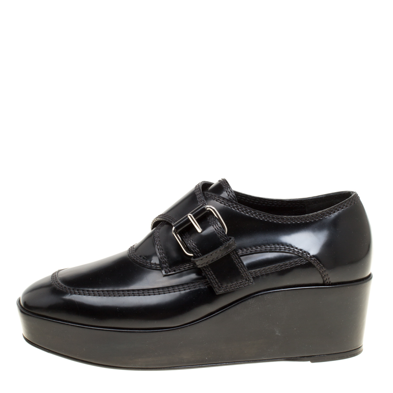 

Balenciaga Black Patent Leather Monk Strap Platform Loafers Size