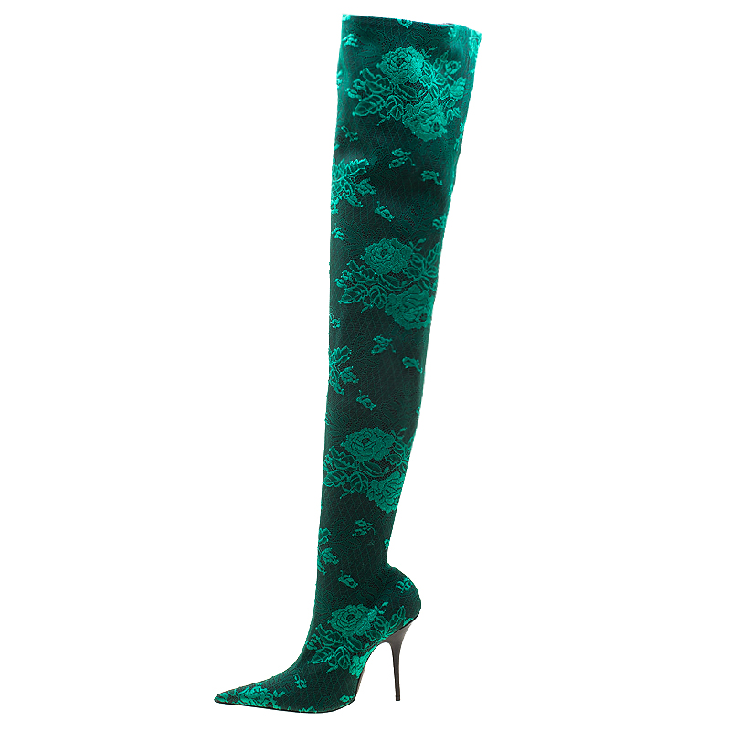 

Balenciaga Green Lace And Mesh Thigh Length Pointed Toe Boots Size