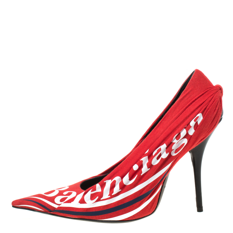 

Balenciaga Red Fabric And Leather Knife Logo Pointed Toe Pumps Size