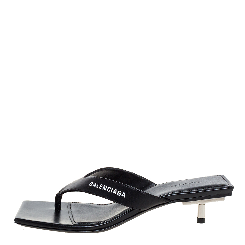 

Balenciaga Black Logo Print Leather Square Toe Slide Sandals Size