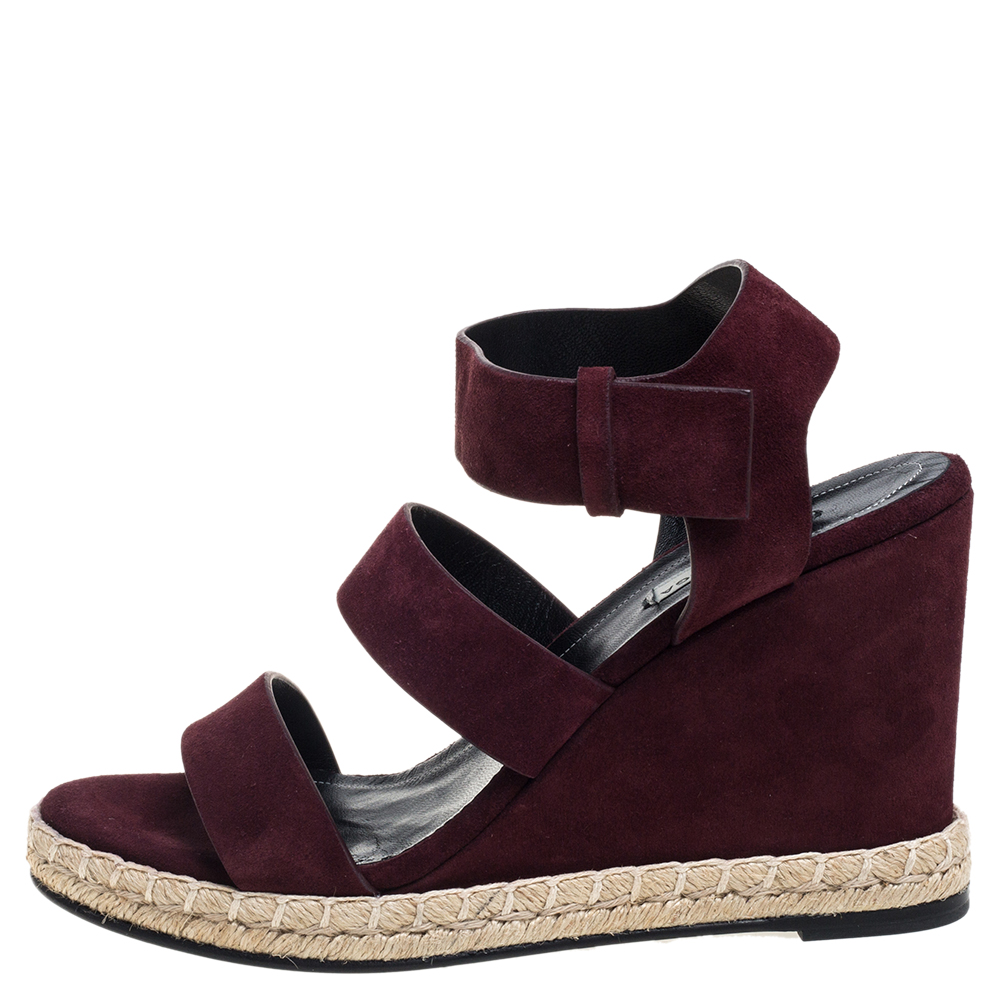 

Balenciaga Burgundy Suede Strappy Wedge Espadrilles Size