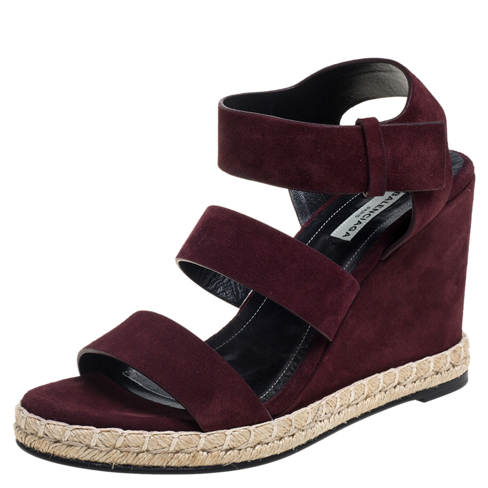 Pre-owned Balenciaga Burgundy Suede Strappy Wedge Espadrilles Size 38