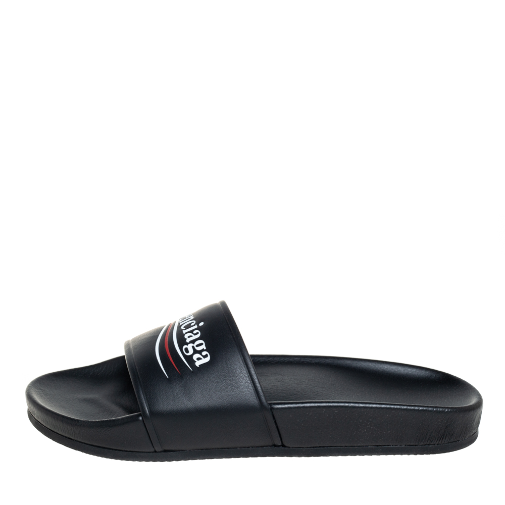 

Balenciaga Black Logo Stamped Leather Slide Sandals Size