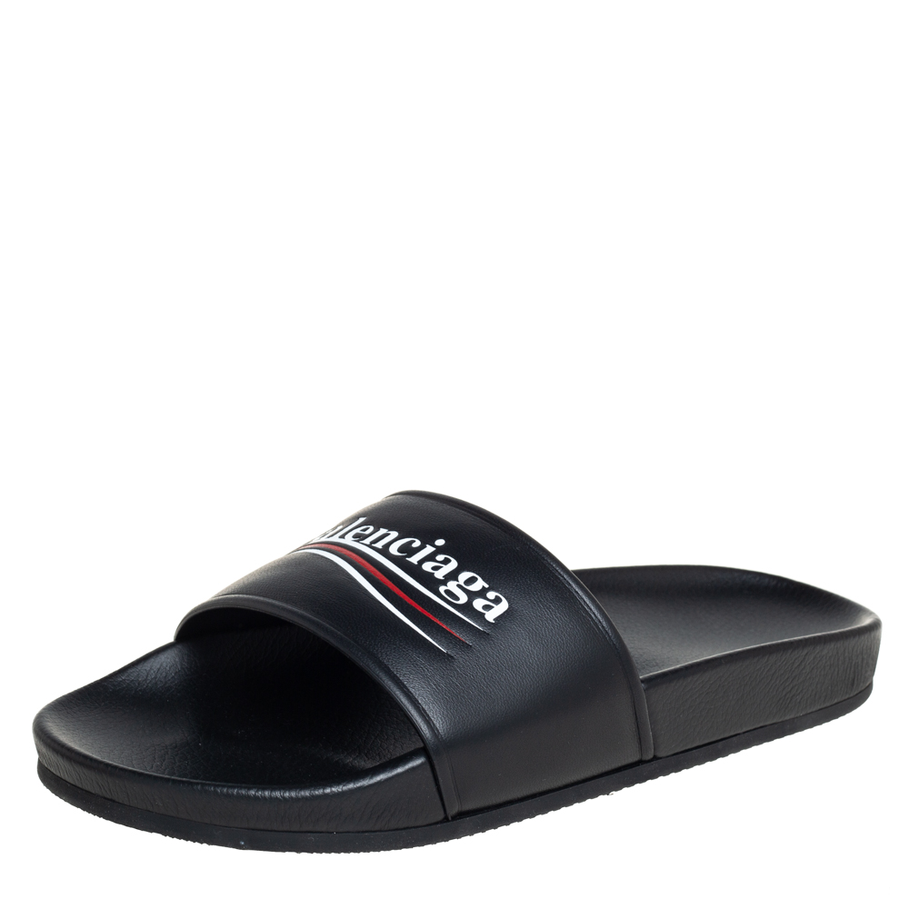 Pre-owned Balenciaga Black Leather Logo Pool Flat Slides Size 39