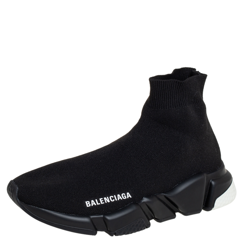Balenciaga Black Knit Fabric Speed Trainer High Top Sneakers