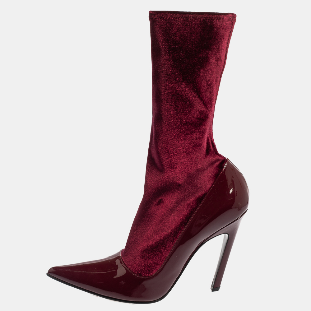 Pre-owned Balenciaga Burgundy Velvet And Patent Leather Knife Mid Calf Boots Size 39