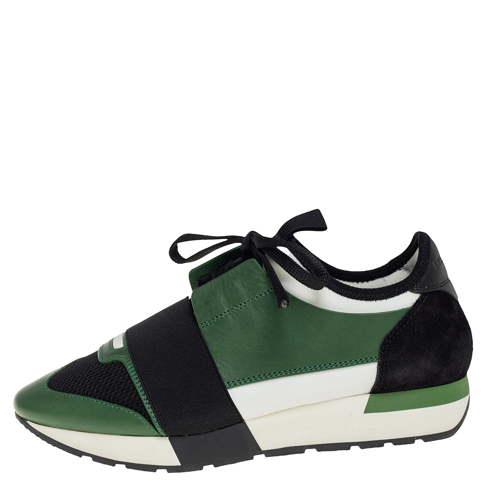 

Balenciaga Black/Green Mesh And Leather Race Runner Low Top Sneakers Size