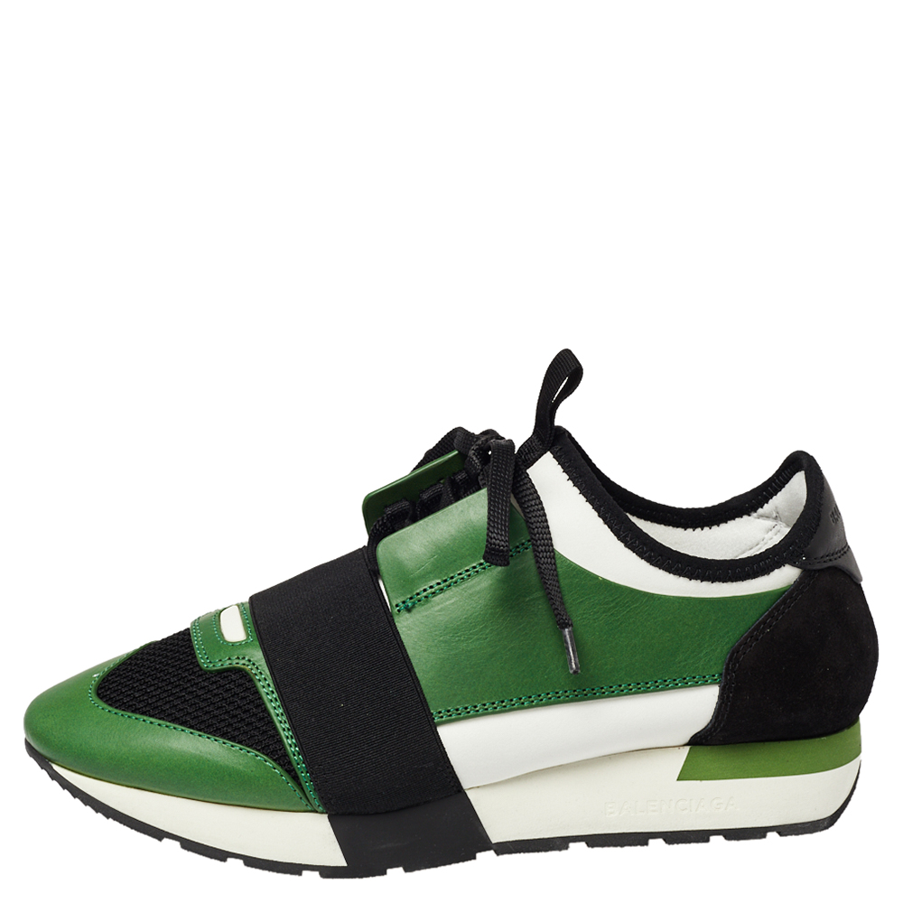 

Balenciaga Green/Black Leather And Mesh Race Runner Low Top Sneakers Size