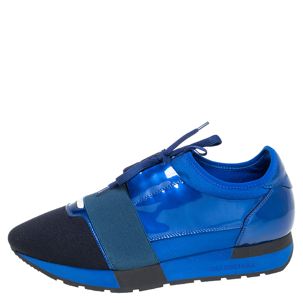 

Balenciaga Blue/Black Knit Fabric And Patent Leather Race Runner Low Top Sneakers Size