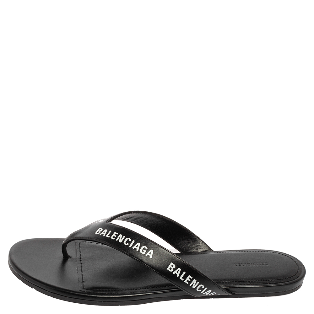 

Balenciaga Black Leather Allover Logo Round Thong Sandals Size