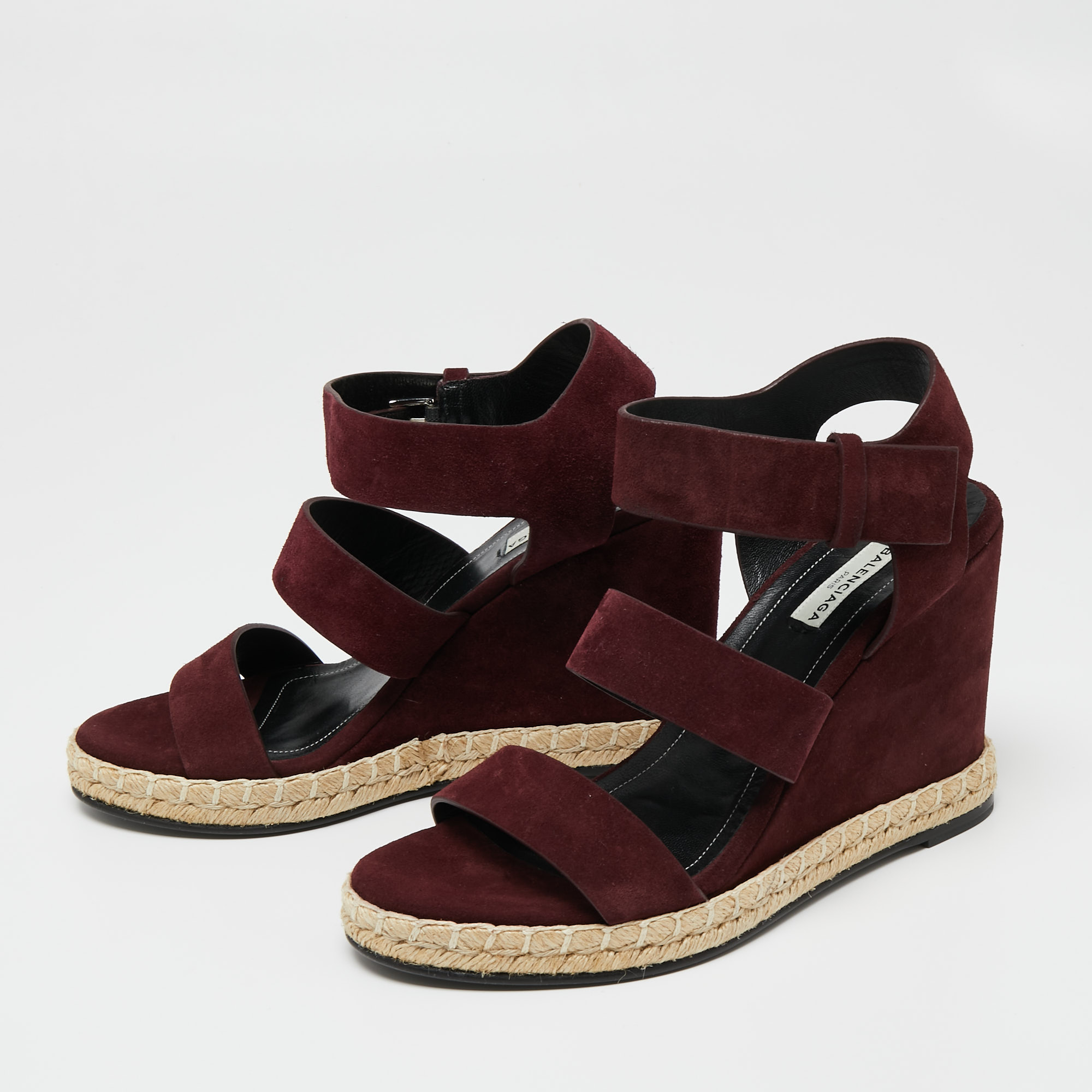 

Balenciaga Burgundy Suede Wedge Espadrille Strappy Sandals Size