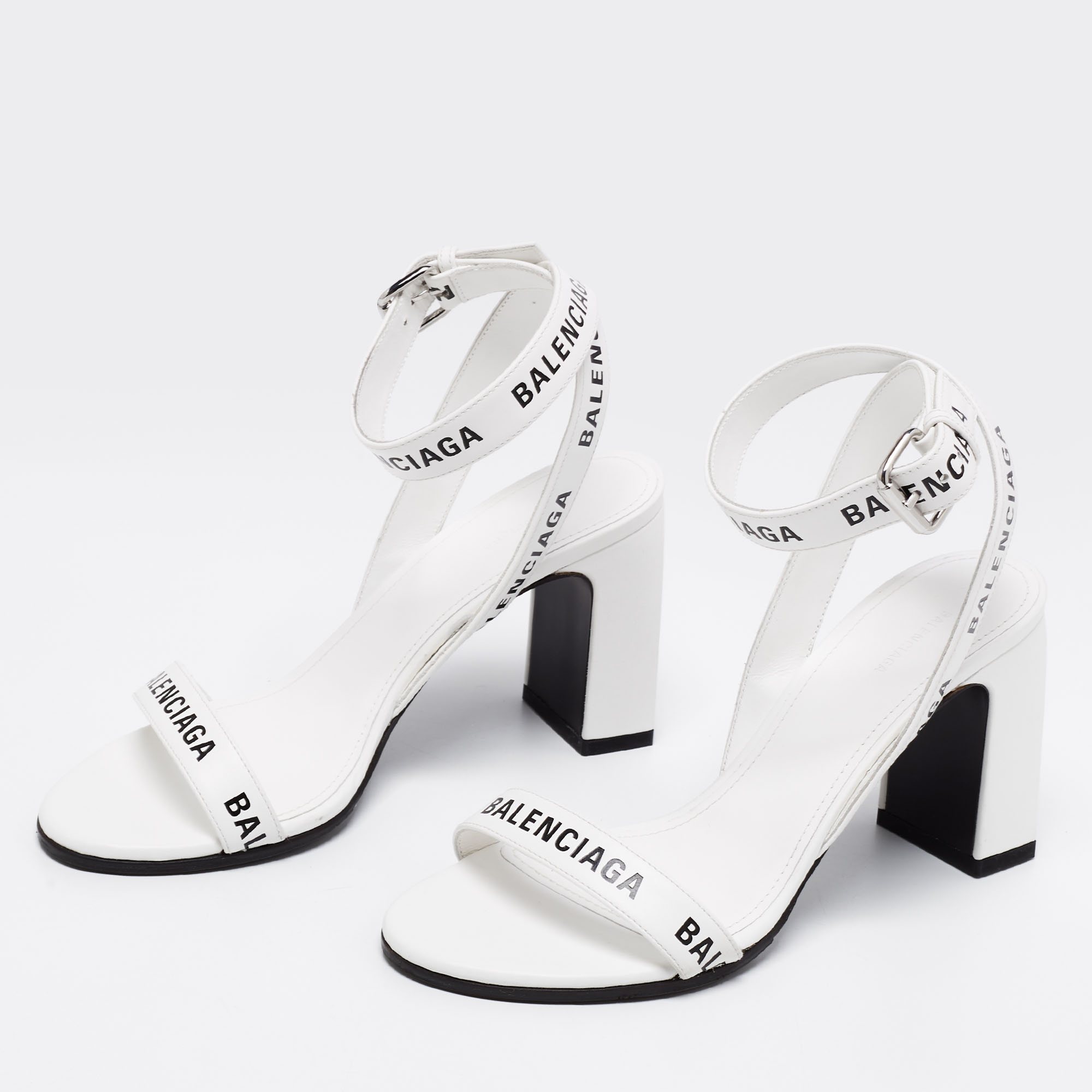 

Balenciaga White Leather Logo Round Ankle-Strap Sandals Size