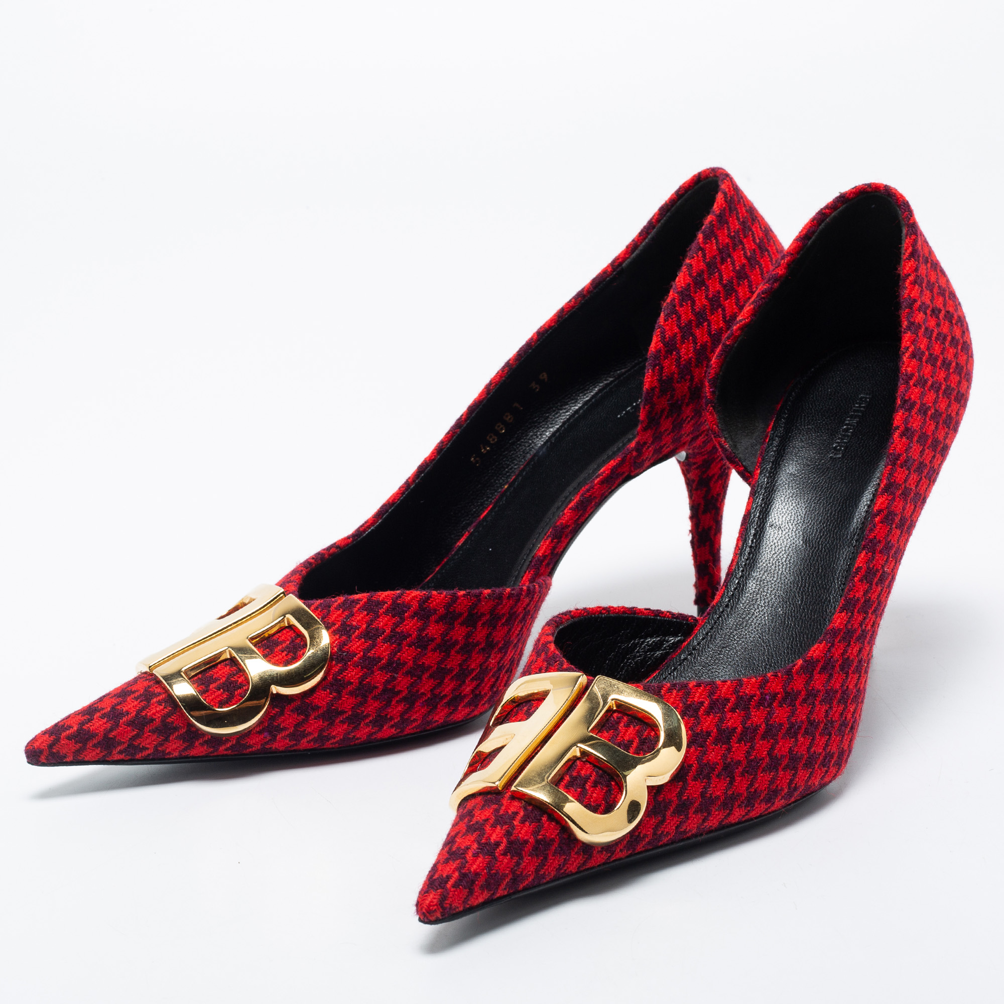 

Balenciaga Red/Black Houndstooth Fabric BB Pointed Toe D'Orsay Pumps Size