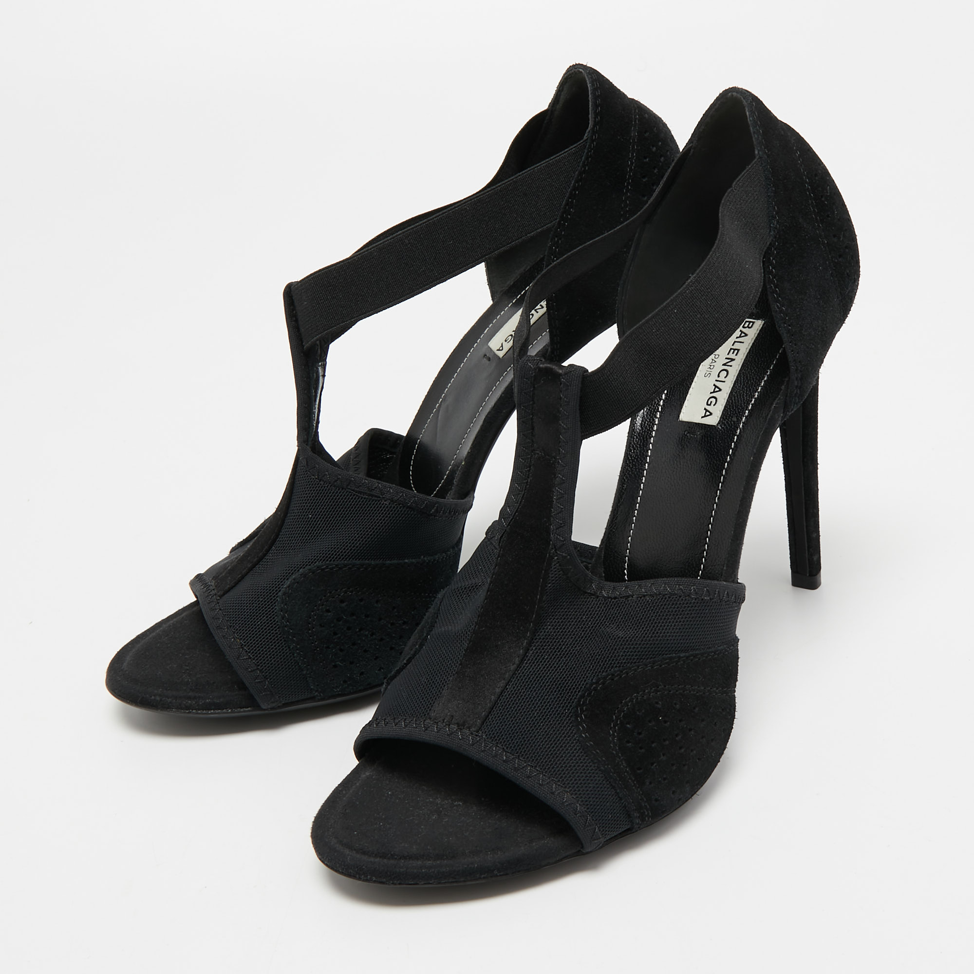 

Balenciaga Black Canvas and Suede Open Toe T-Strap Sandals Size