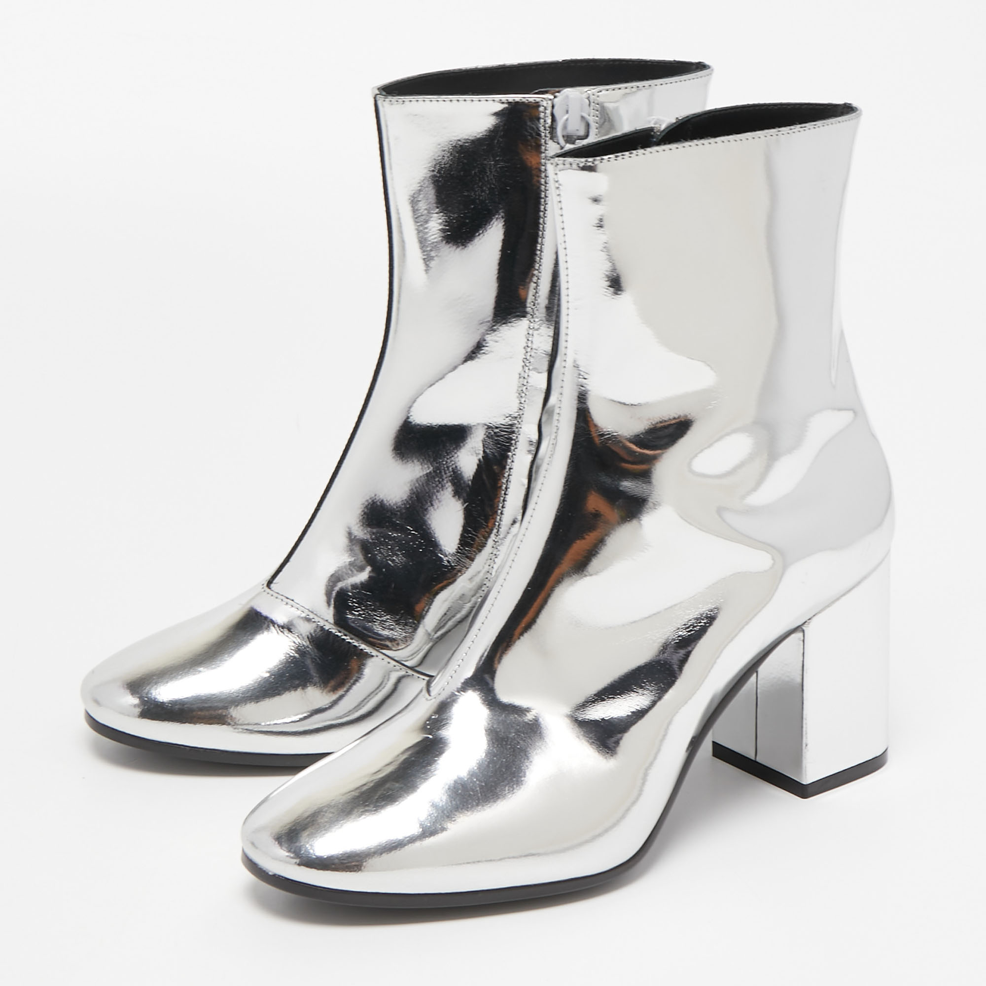 

Balenciaga Silver Foil Leather Block Heel Ankle Boots Size