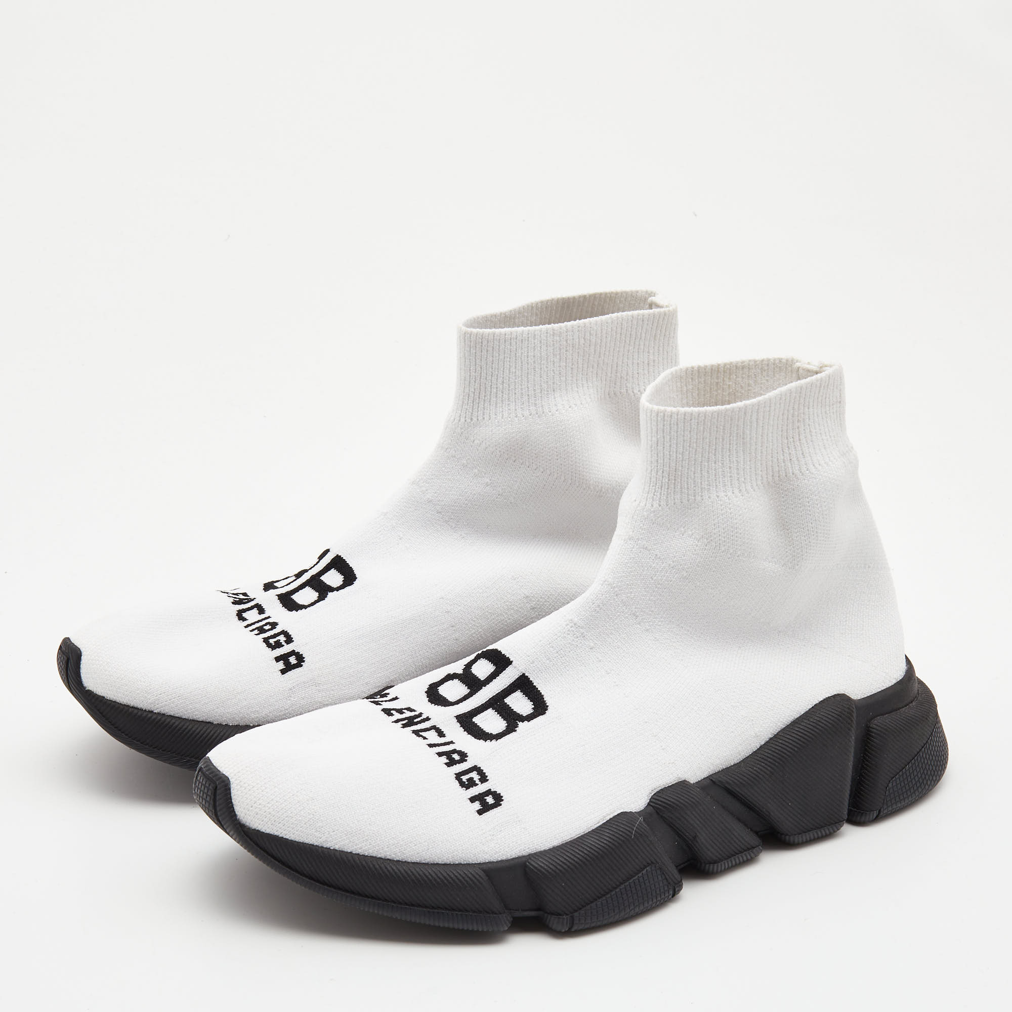 

Balenciaga White Logo Print Knit Fabric Speed Sneakers Size