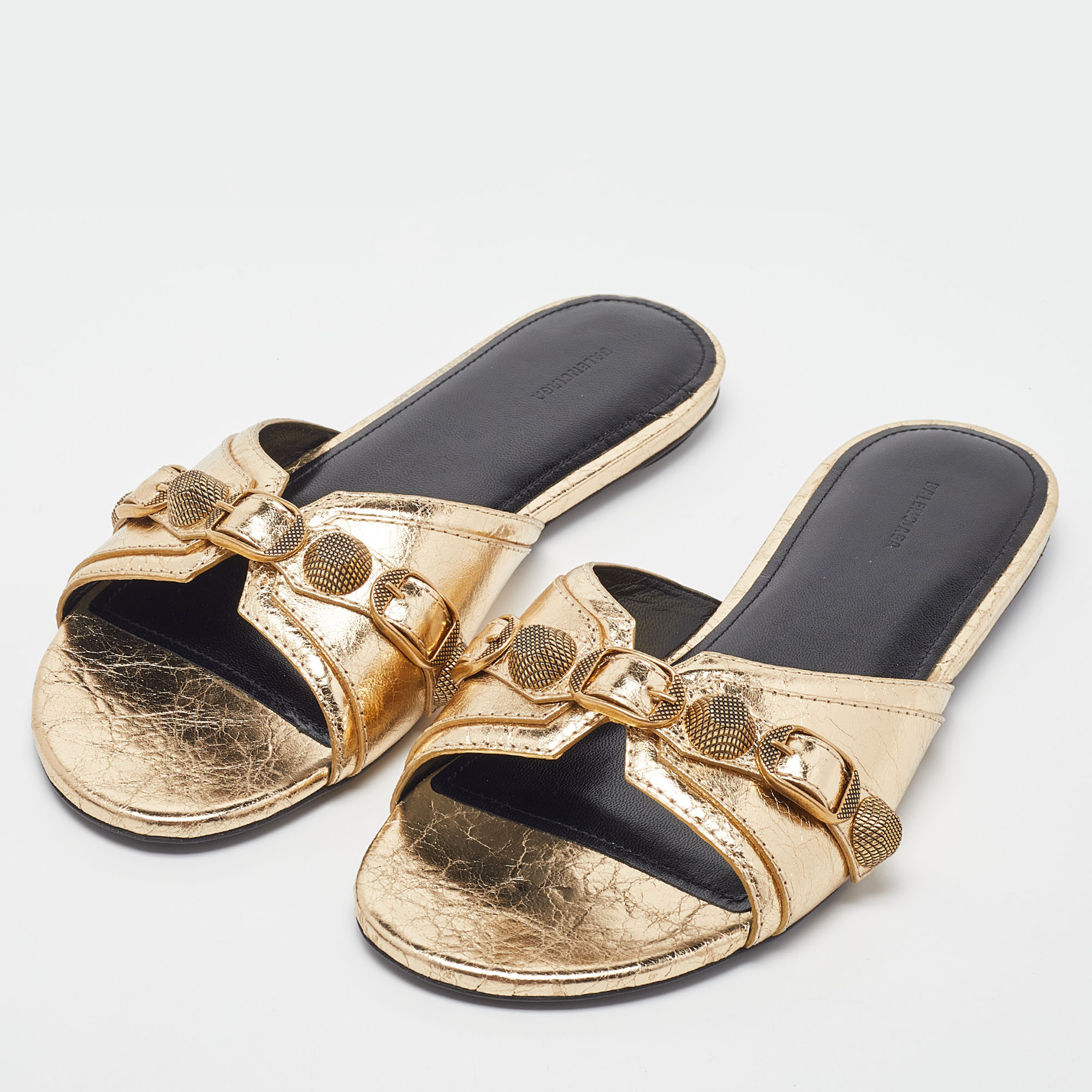 

Balenciaga Gold Leather Studded Cagole Flat Slides Size