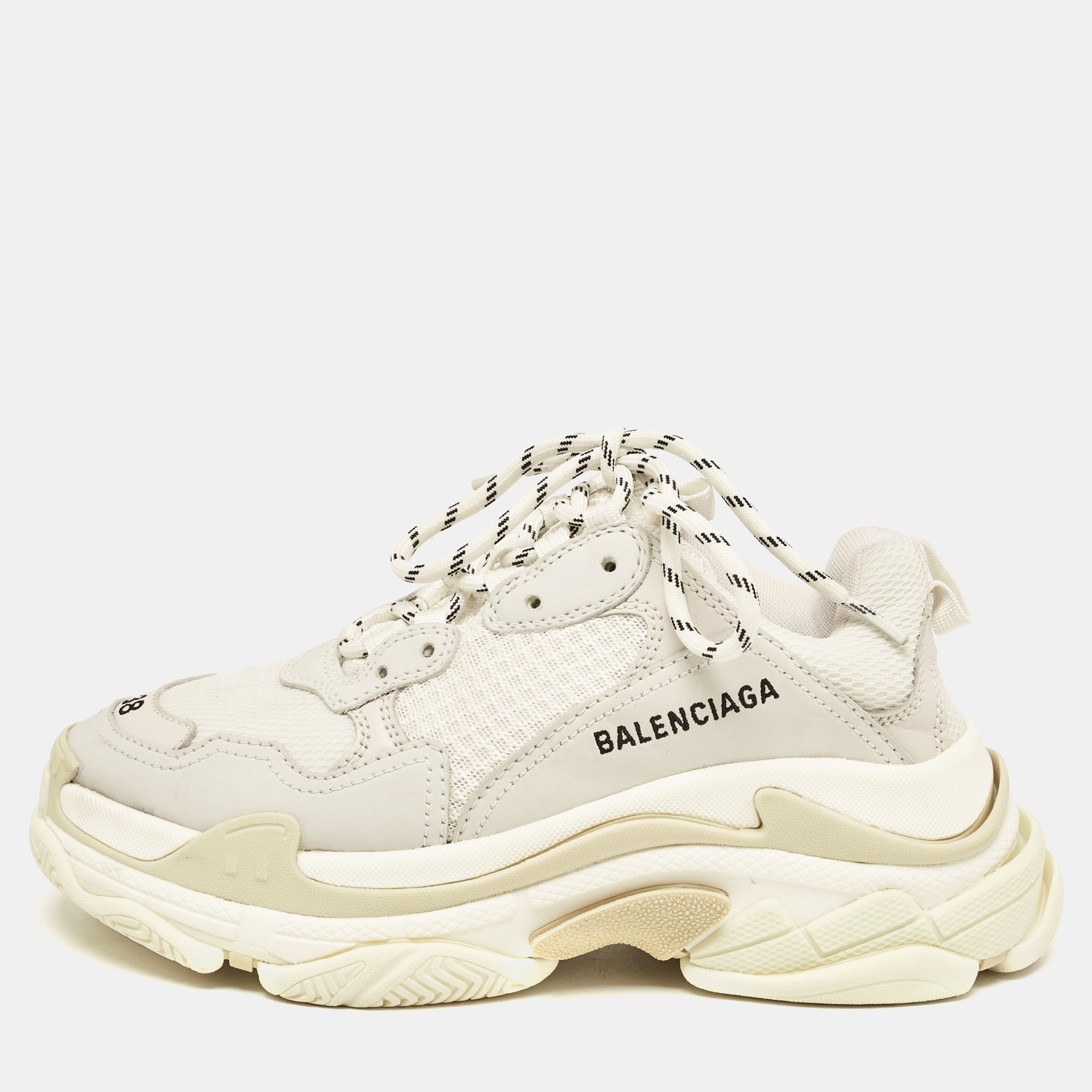 Balenciaga White/Grey Nubuck and Mesh Triple S Sneakers Size 38