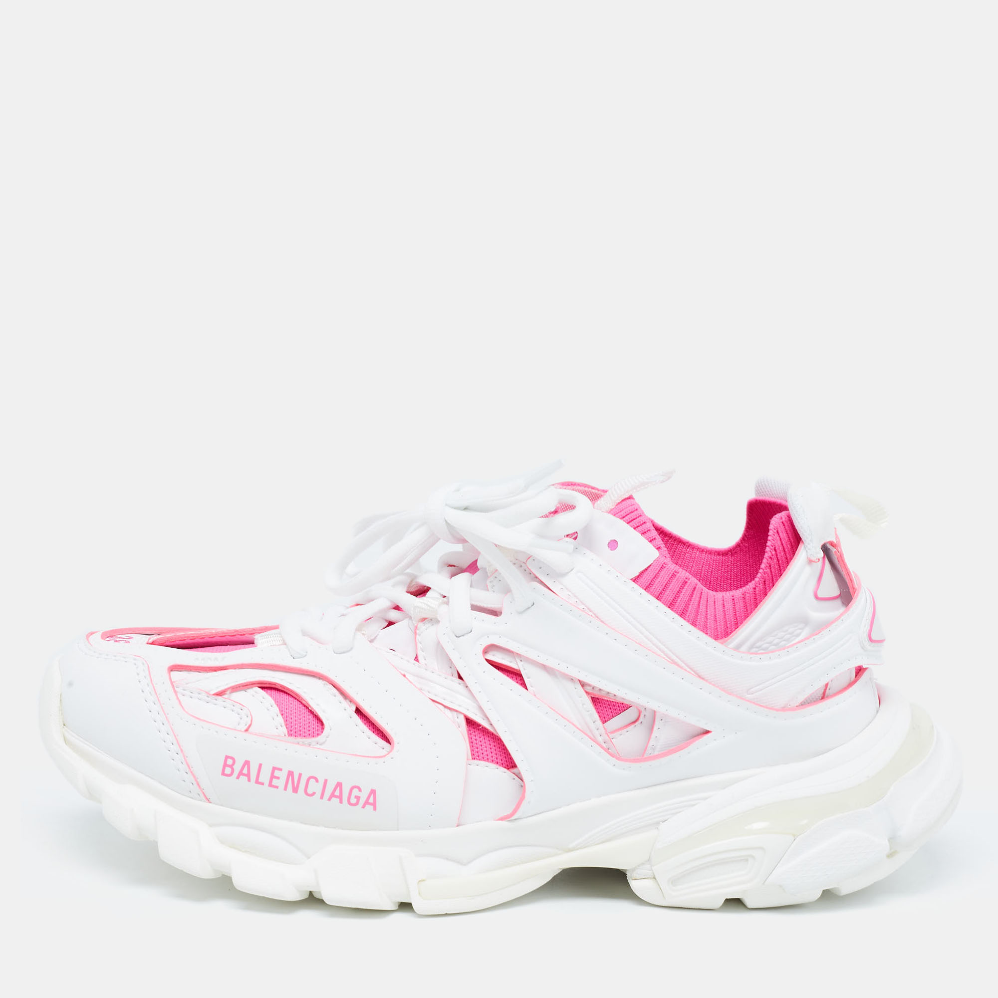 Pre-owned Balenciaga White/pink Rubber And Knit Fabric Track Sneakers Size 38