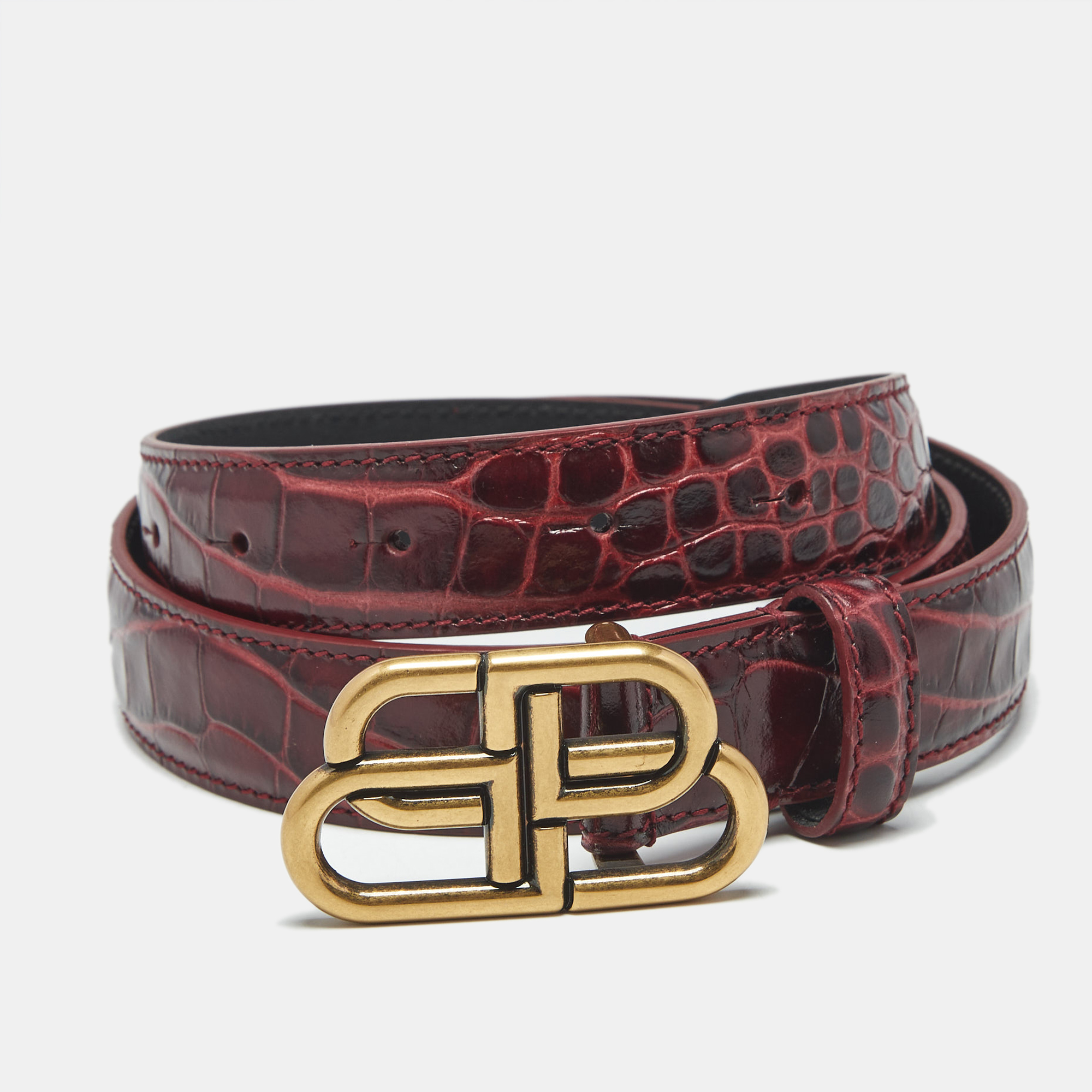 

Balenciaga Burgundy Croc Embossed Leather BB Buckle Belt