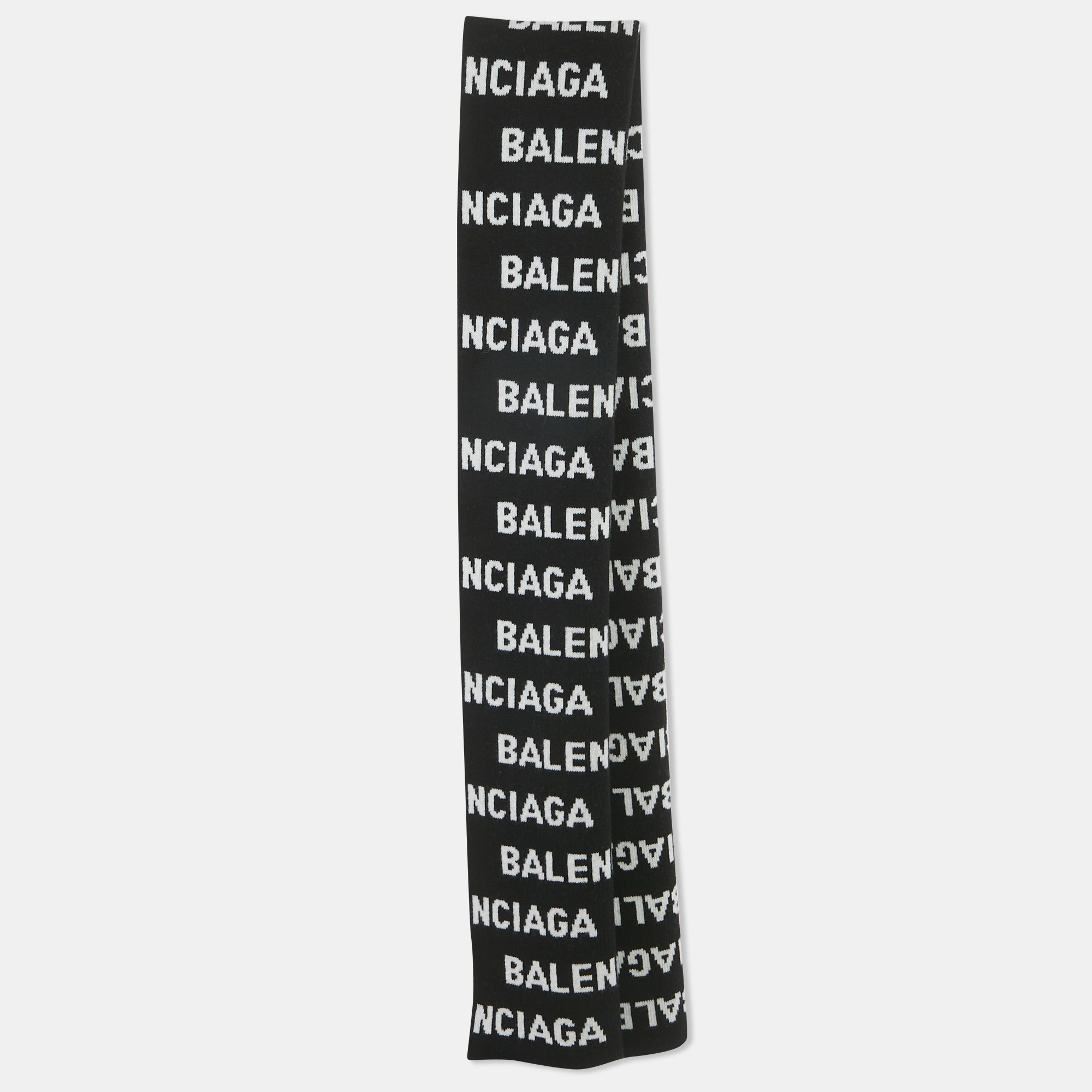 Pre-owned Balenciaga Black/white Logo Intarsia Wool Blend Scarf