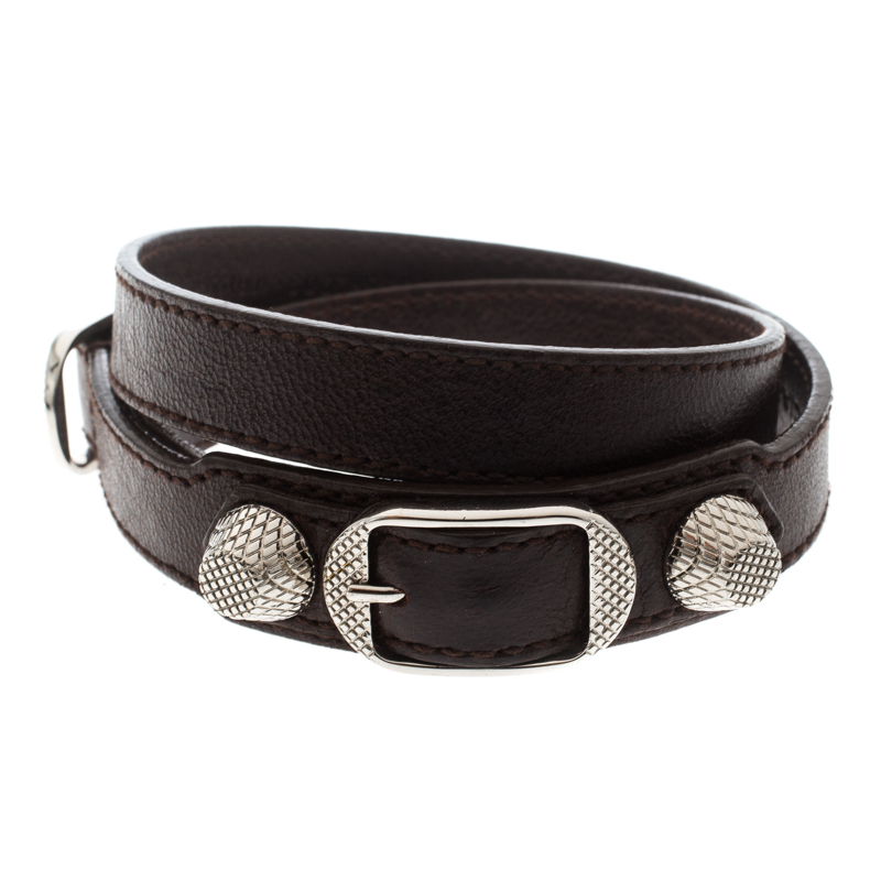 Balenciaga Arena Brown Leather Silver Tone Wrap Bracelet 