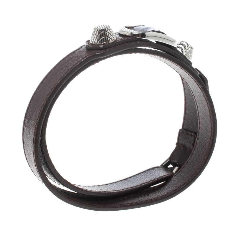 

Balenciaga Arena Brown Leather Silver Tone Wrap Bracelet