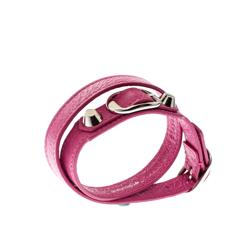 

Balenciaga Arena Pink Leather Silver Tone Double Wrap Bracelet