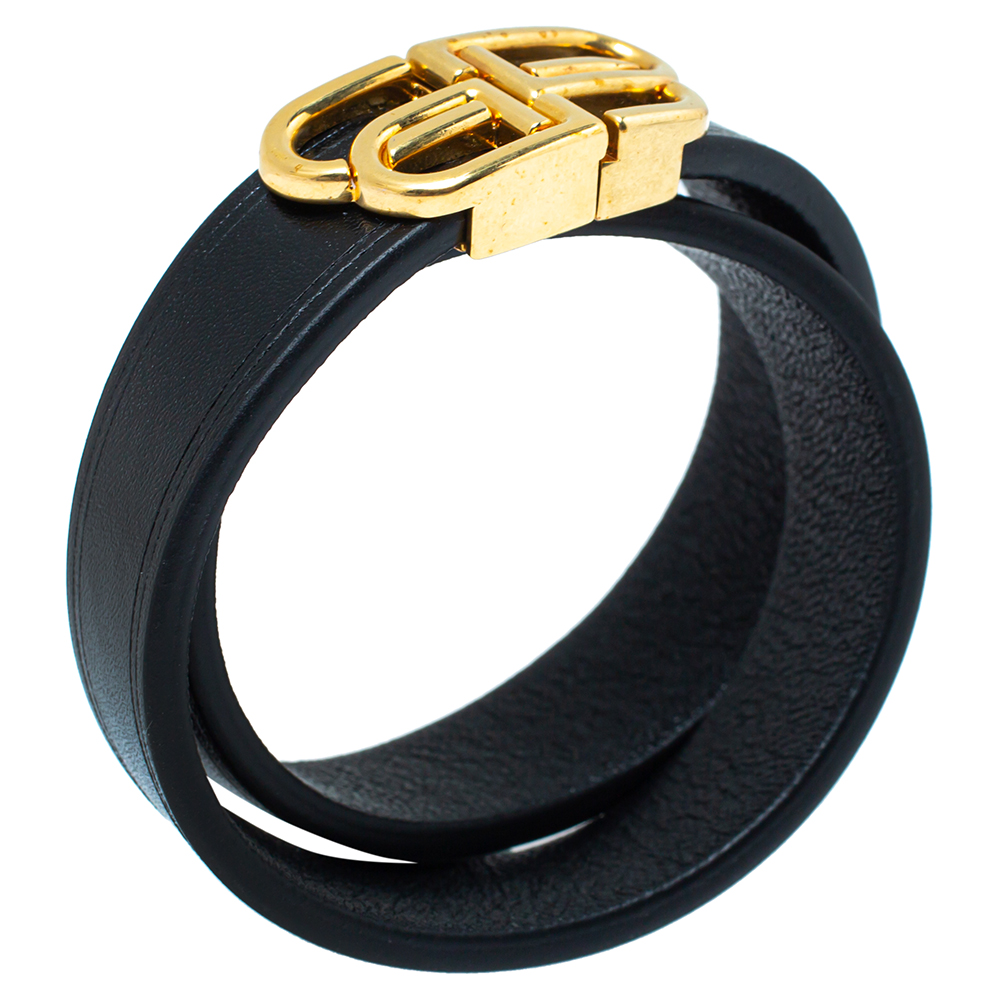 

Balenciaga Black Leather BB Double Wrap Bracelet
