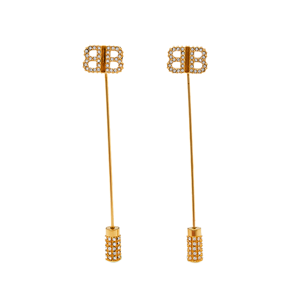 Pre-owned Balenciaga Gold Tone Bb Crystal Pin Drop Earrings
