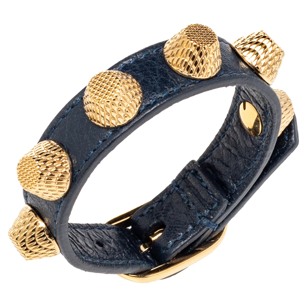 

Balenciaga Arena Giant Gold Tone Studded Navy Blue Leather Bracelet